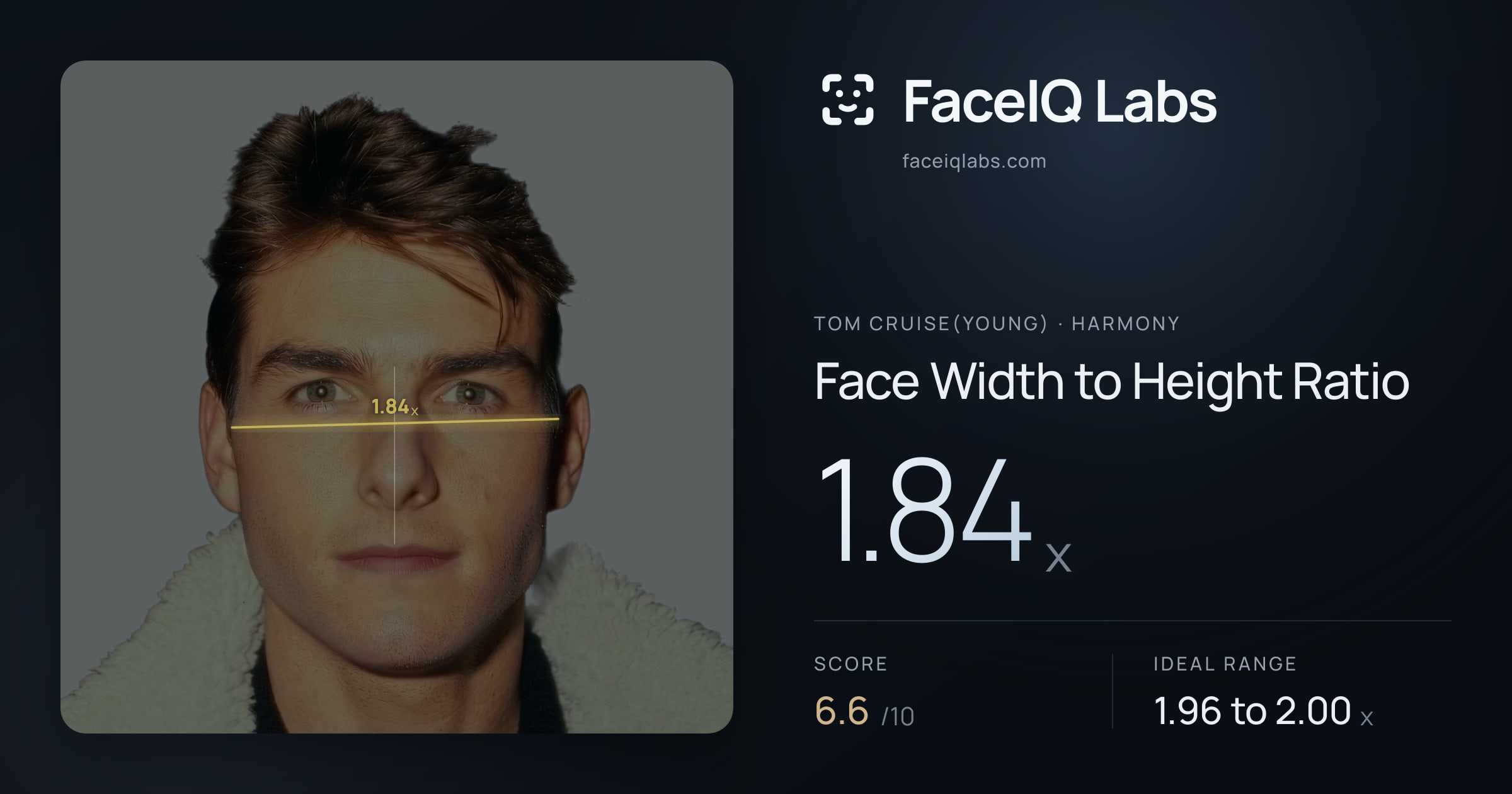 Tom Cruise(Young) Face Width to Height Ratio: 1.84x, drawn on the photo