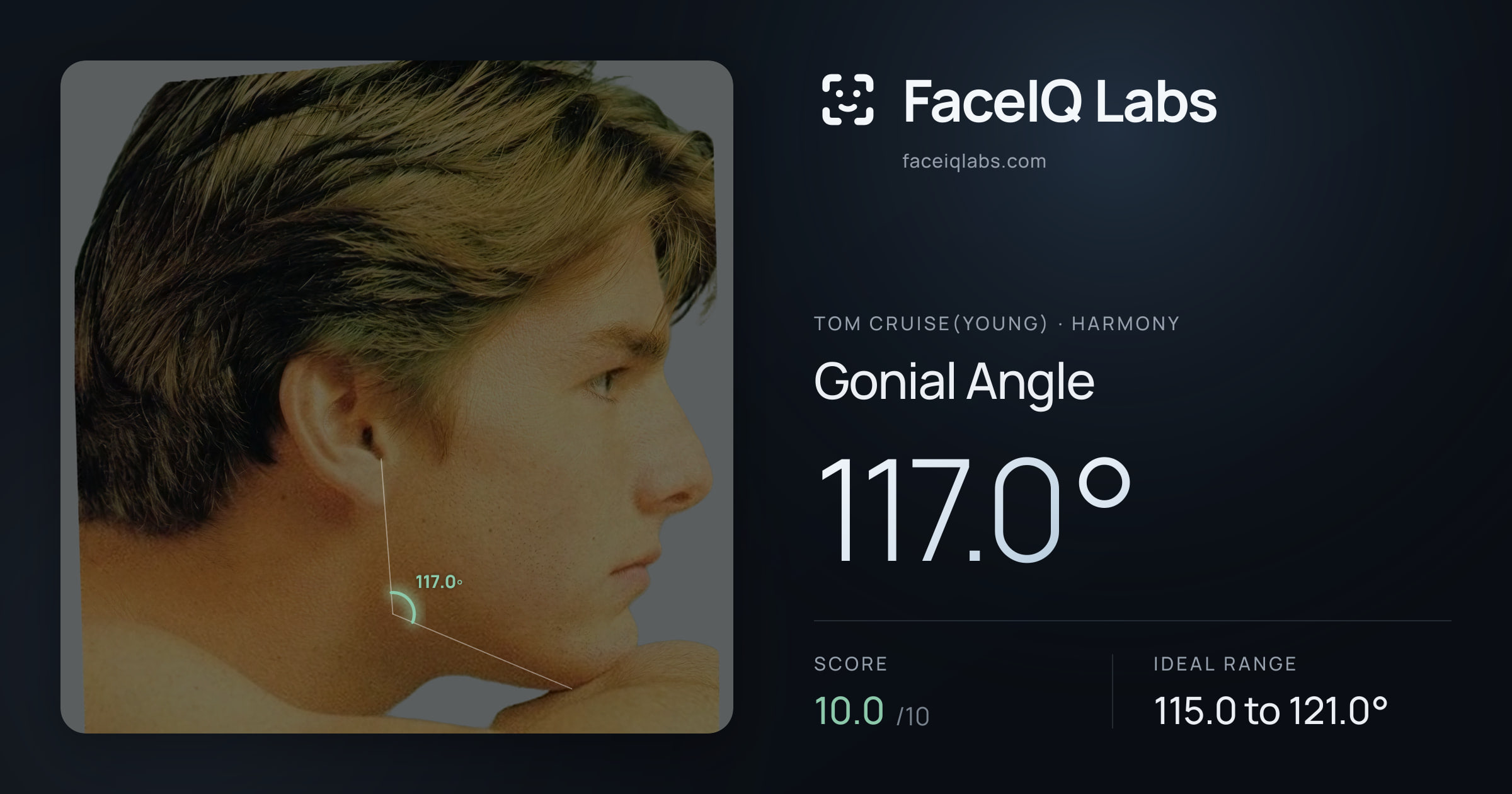 Tom Cruise(Young) Gonial Angle: 117.0°, drawn on the photo