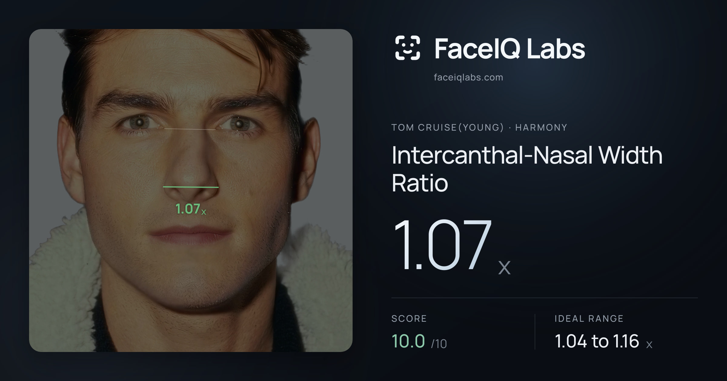 Tom Cruise(Young) Intercanthal-Nasal Width Ratio: 1.07x, drawn on the photo