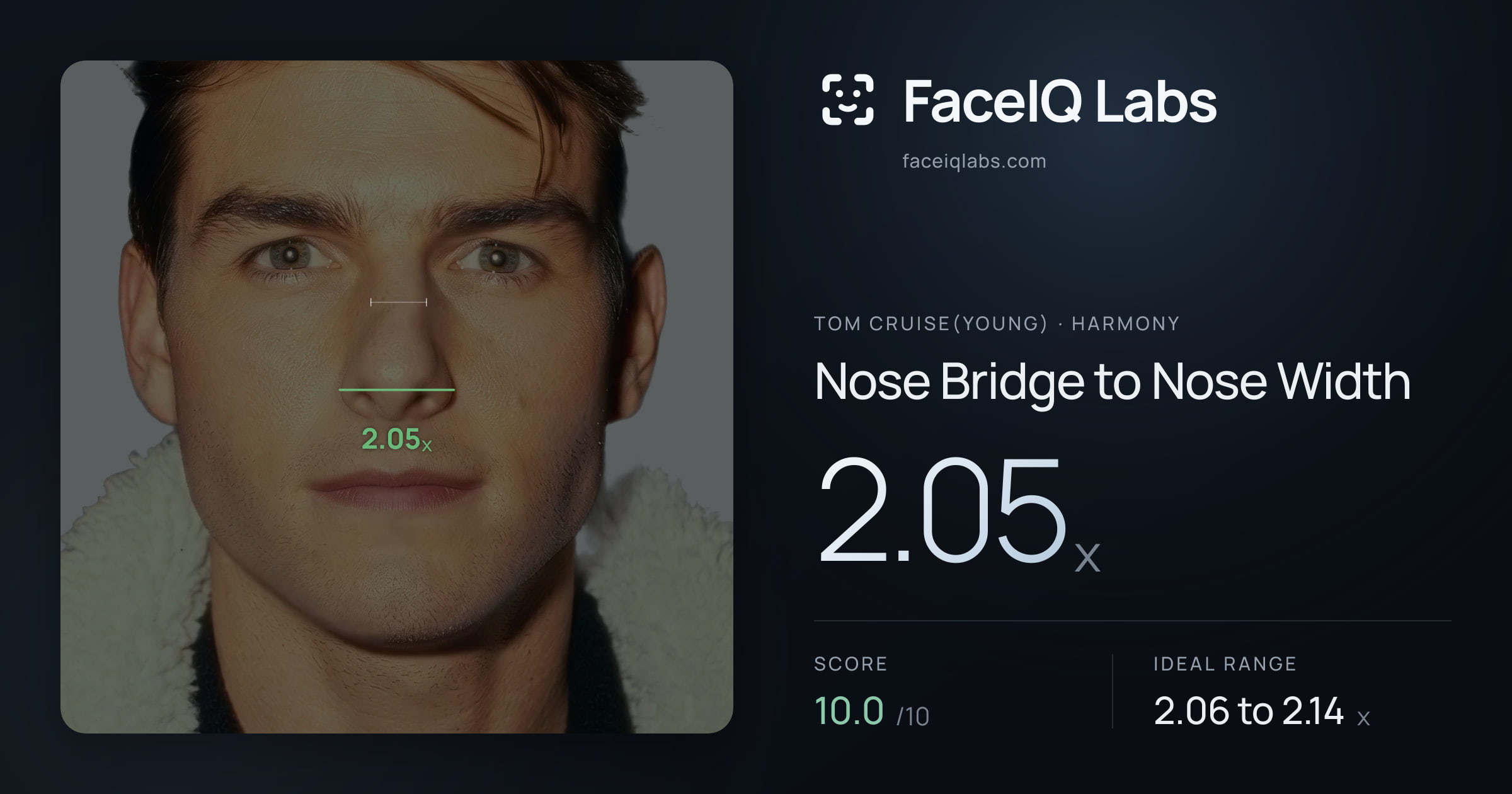 Tom Cruise(Young) Nose Bridge to Nose Width: 2.05x, drawn on the photo