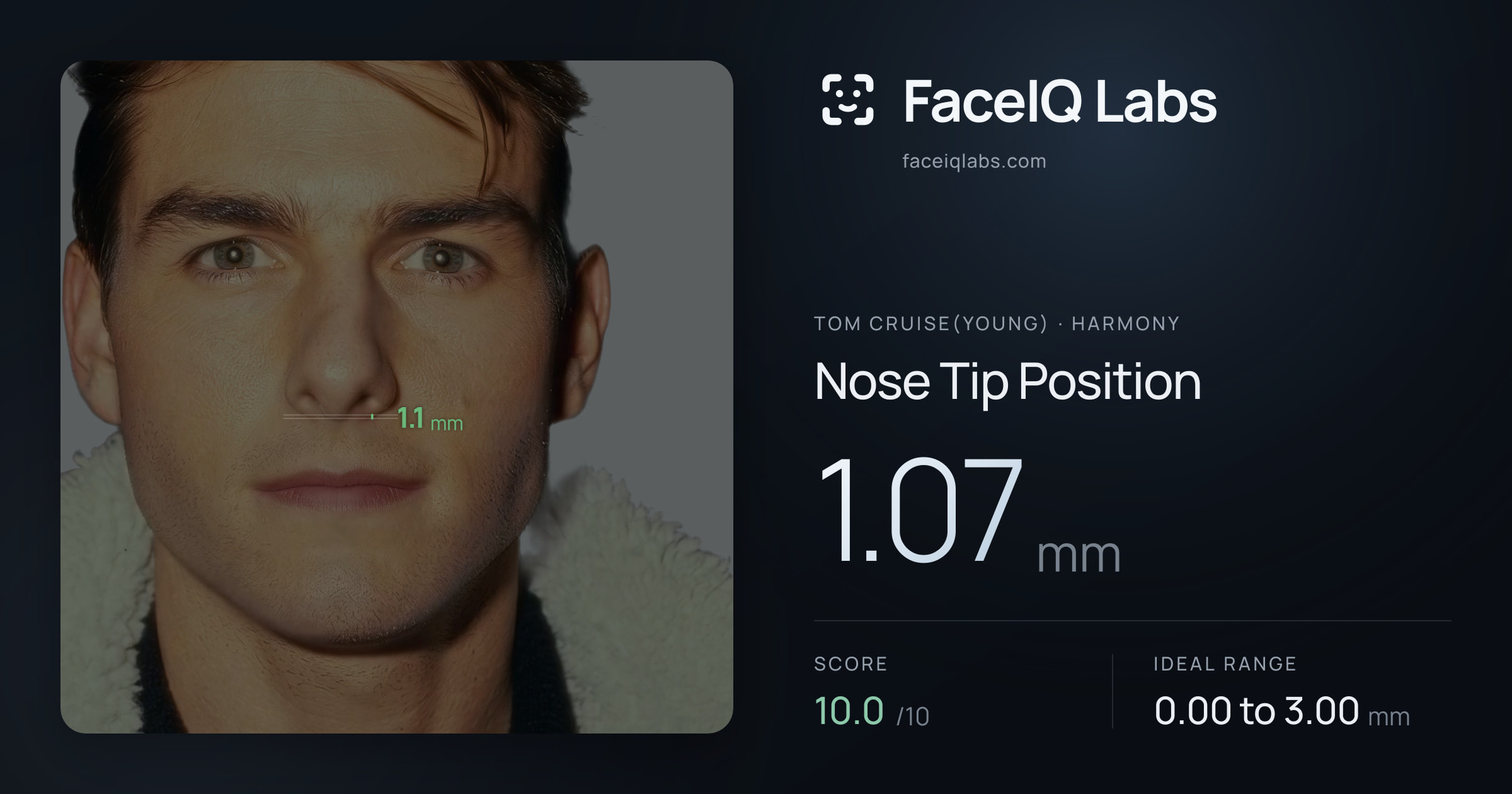 Tom Cruise(Young) Nose Tip Position: 1.07mm, drawn on the photo