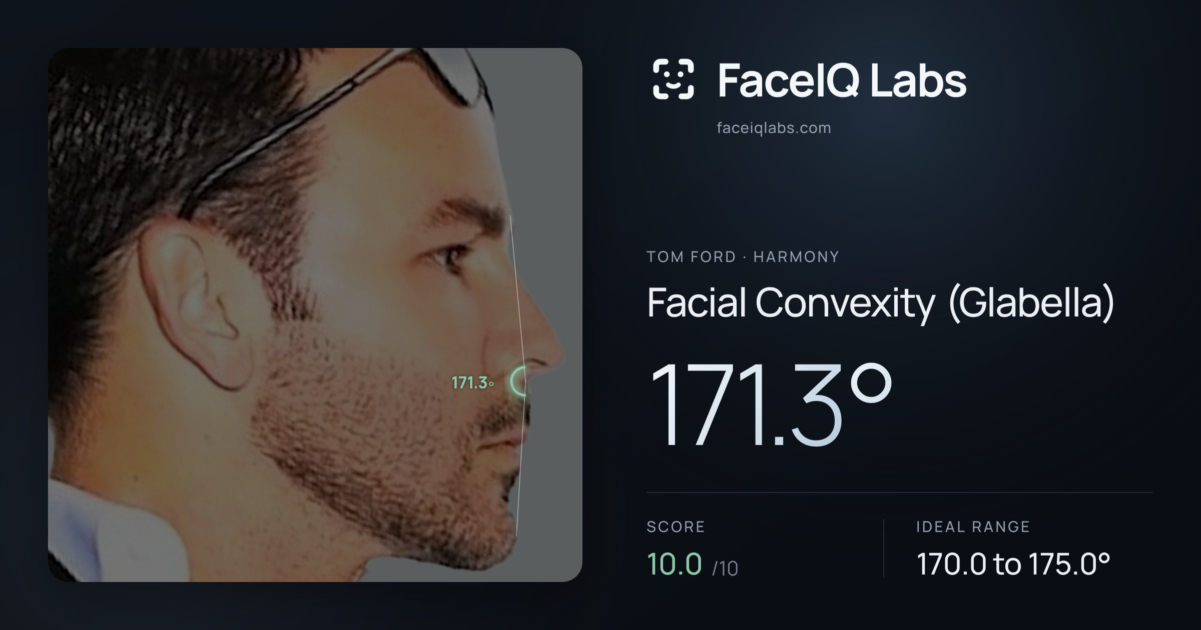 Tom Ford Facial Convexity (Glabella): 171.3°, drawn on the photo