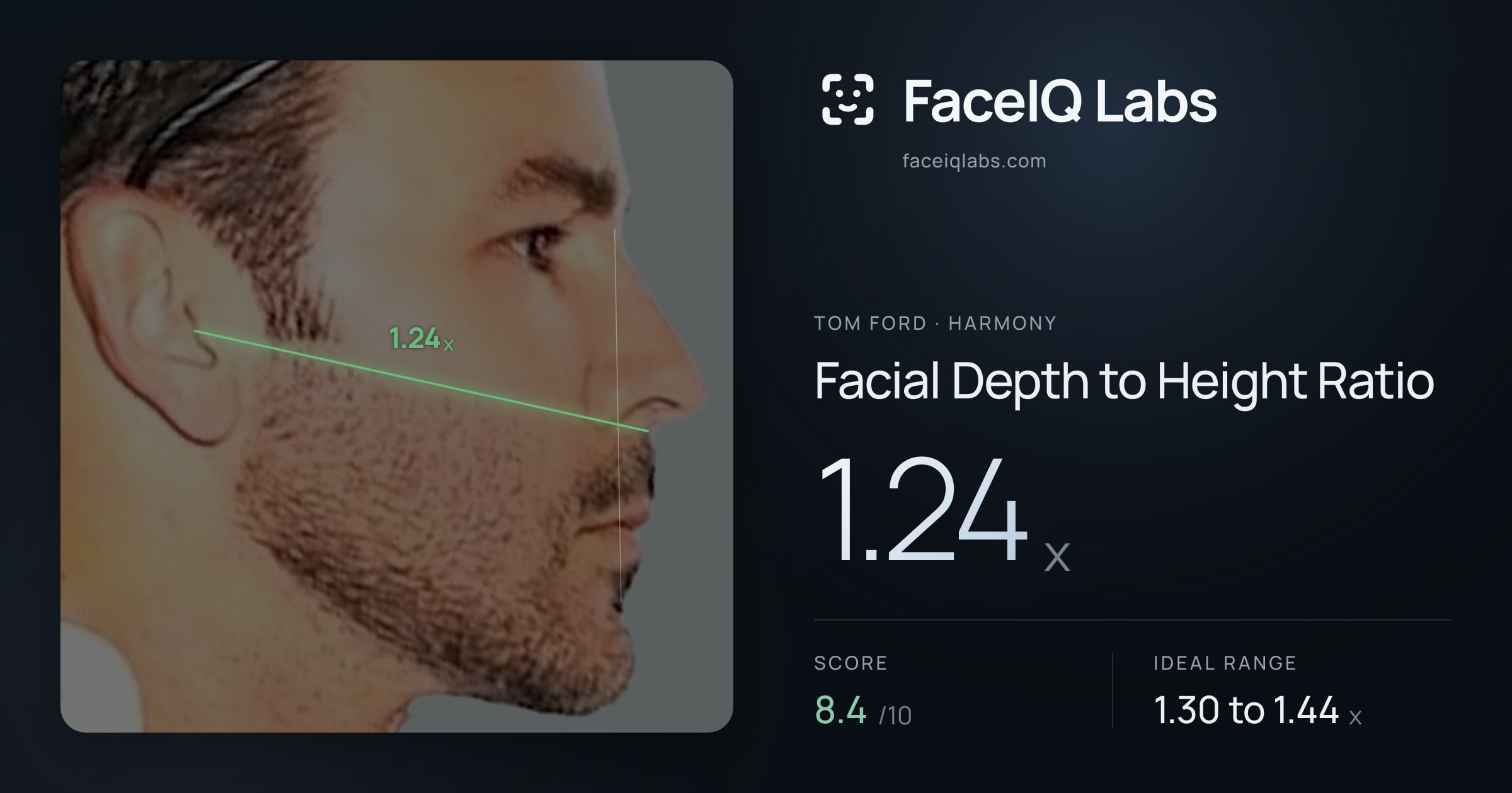 Tom Ford Facial Depth to Height Ratio: 1.24x, drawn on the photo