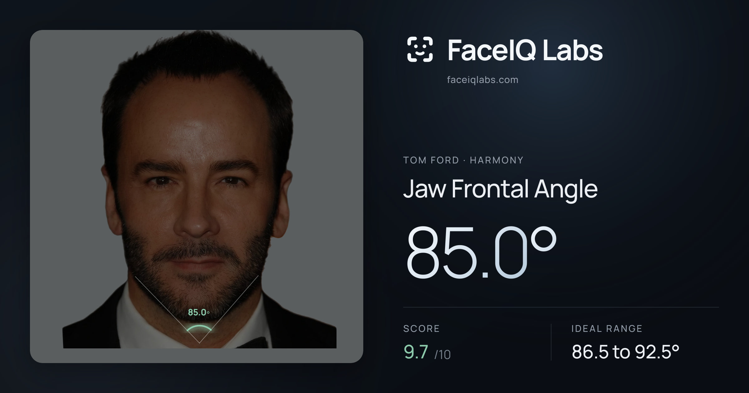 Tom Ford Jaw Frontal Angle: 85.0°, drawn on the photo