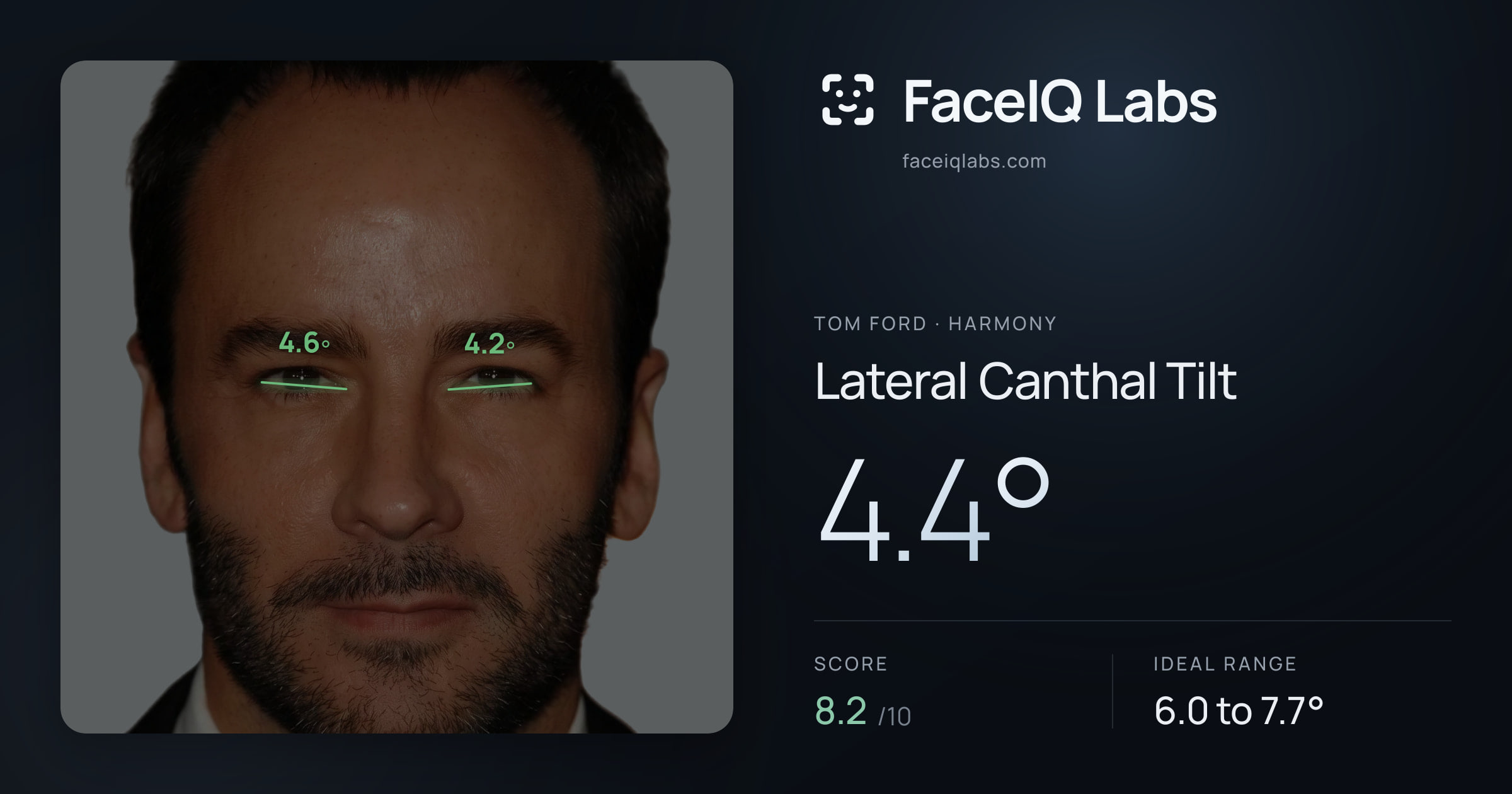Tom Ford Lateral Canthal Tilt: 4.4°, drawn on the photo