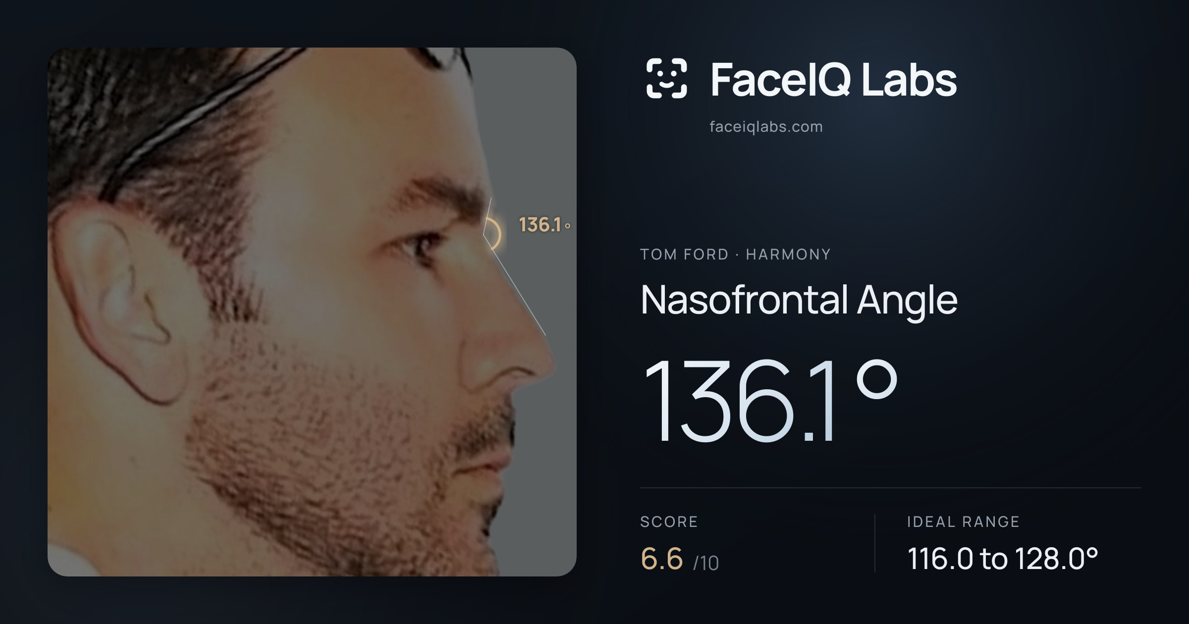 Tom Ford Nasofrontal Angle: 136.1°, drawn on the photo