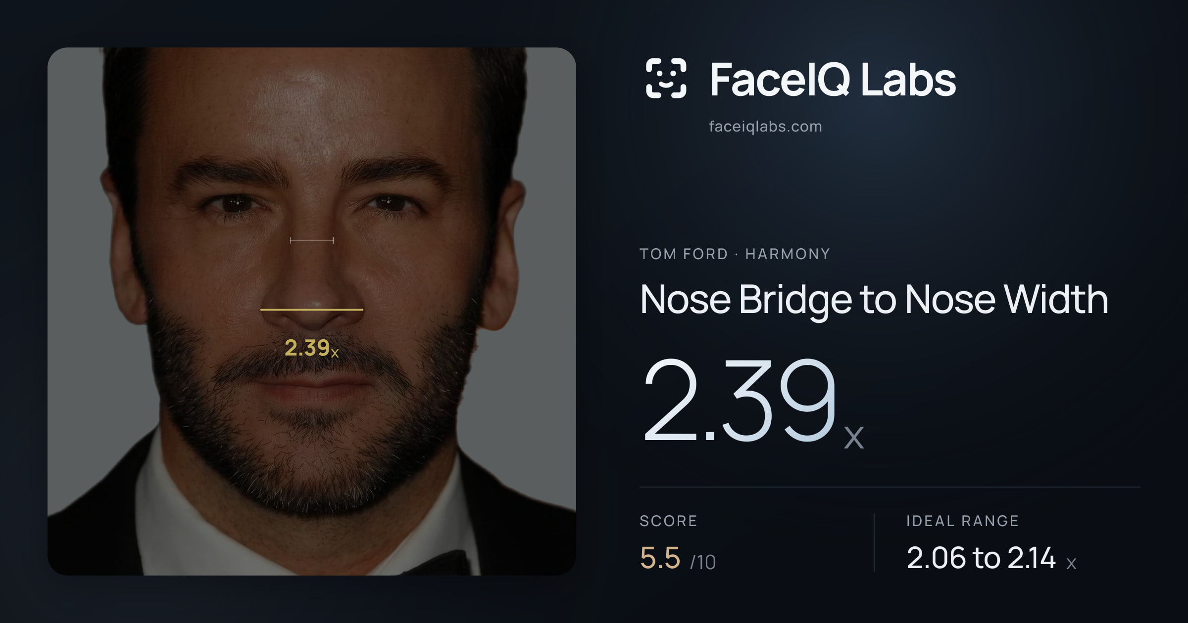Tom Ford Nose Bridge to Nose Width: 2.39x, drawn on the photo