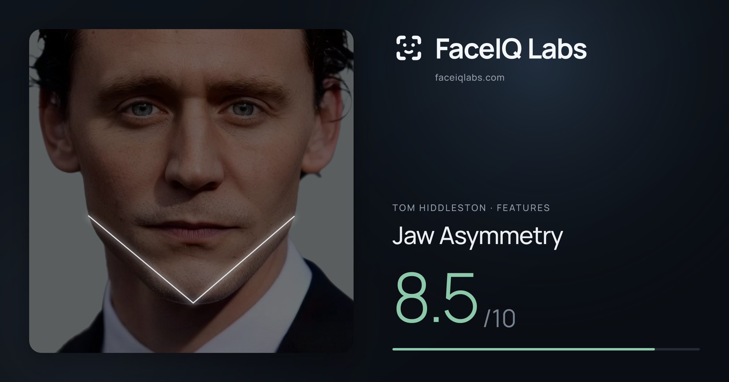 Tom Hiddleston Jaw Asymmetry: 8.5/10, drawn on the photo