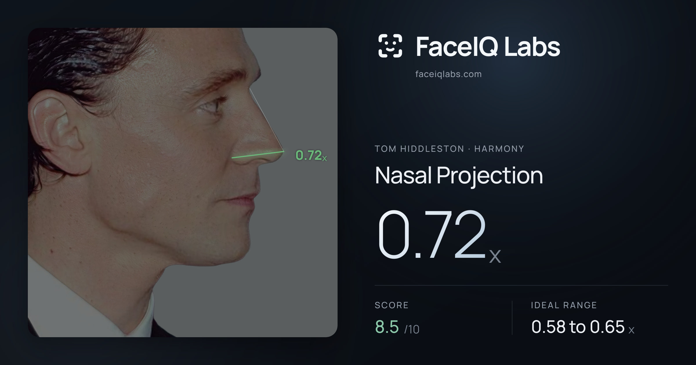 Tom Hiddleston Nasal Projection: 0.72x, drawn on the photo