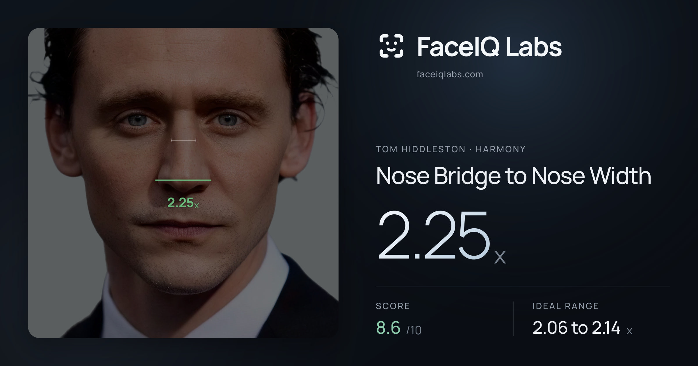 Tom Hiddleston Nose Bridge to Nose Width: 2.25x, drawn on the photo