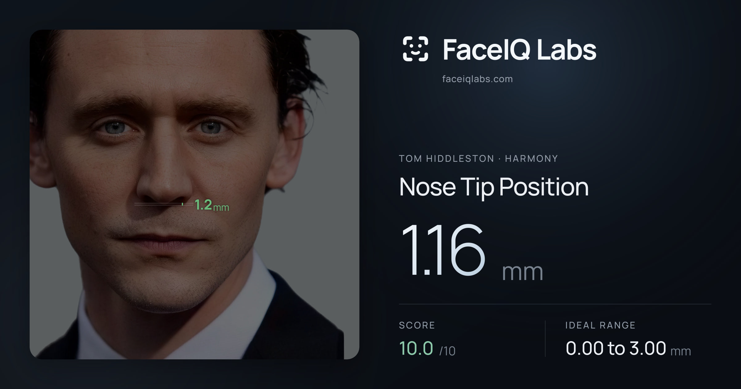Tom Hiddleston Nose Tip Position: 1.16mm, drawn on the photo