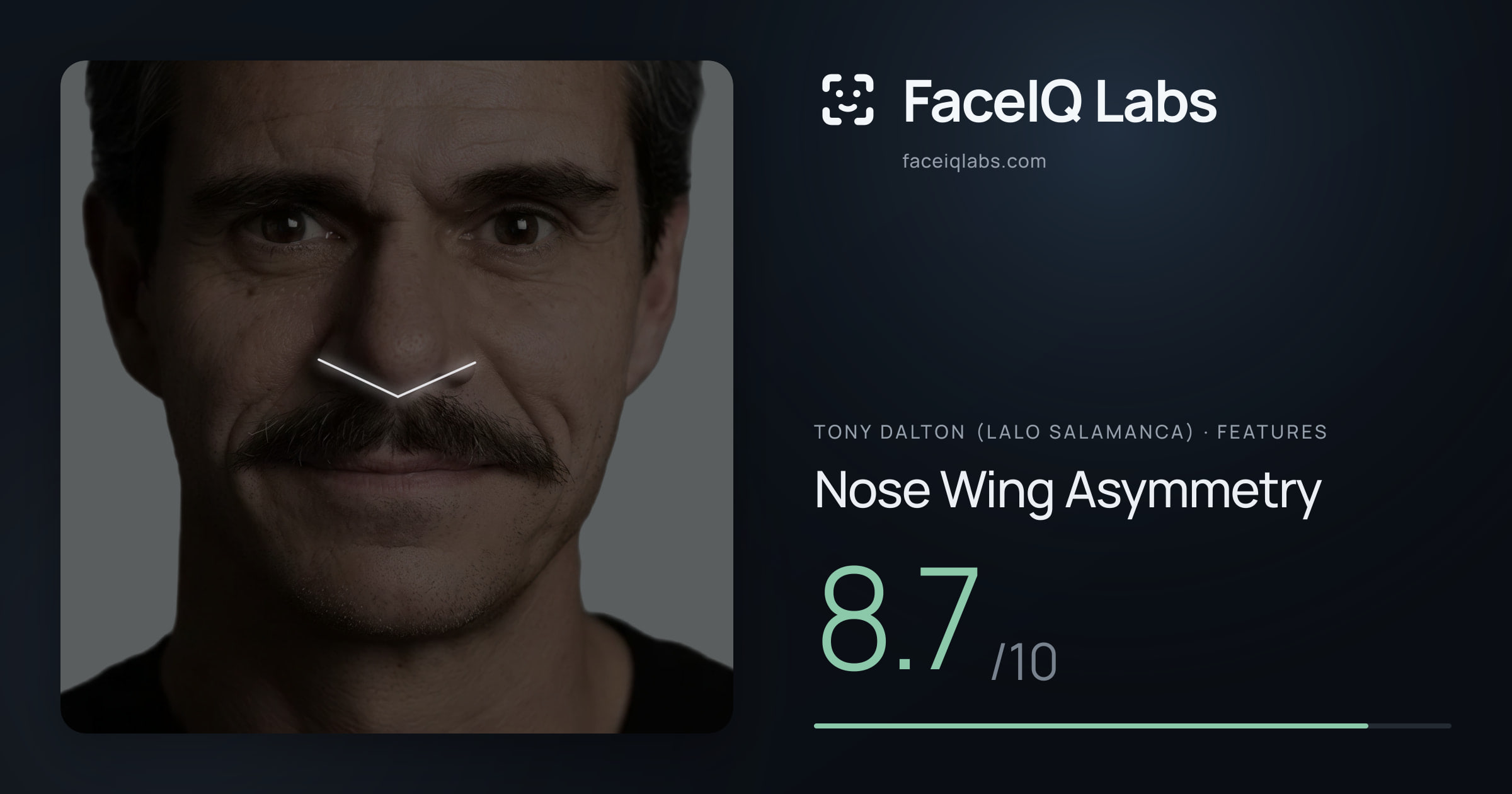 Tony Dalton (Lalo Salamanca) Nose Wing Asymmetry: 8.7/10, drawn on the photo