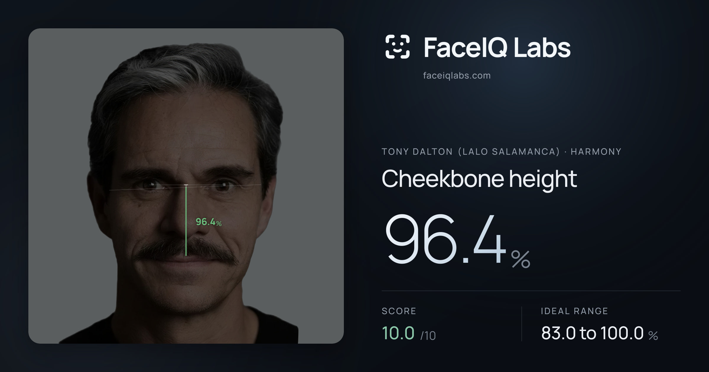 Tony Dalton (Lalo Salamanca) Cheekbone height: 96.4%, drawn on the photo