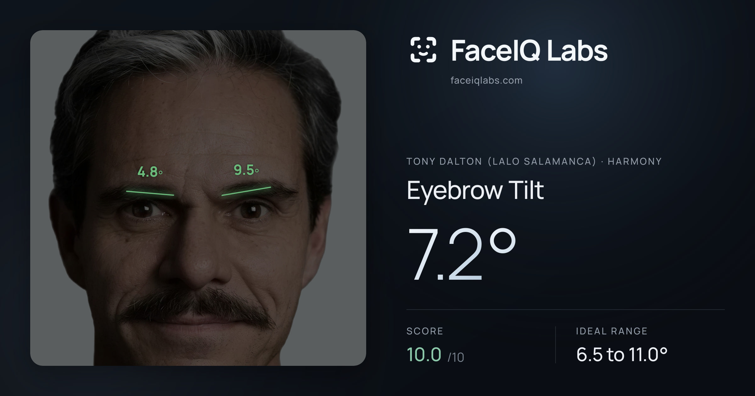 Tony Dalton (Lalo Salamanca) Eyebrow Tilt: 7.2°, drawn on the photo