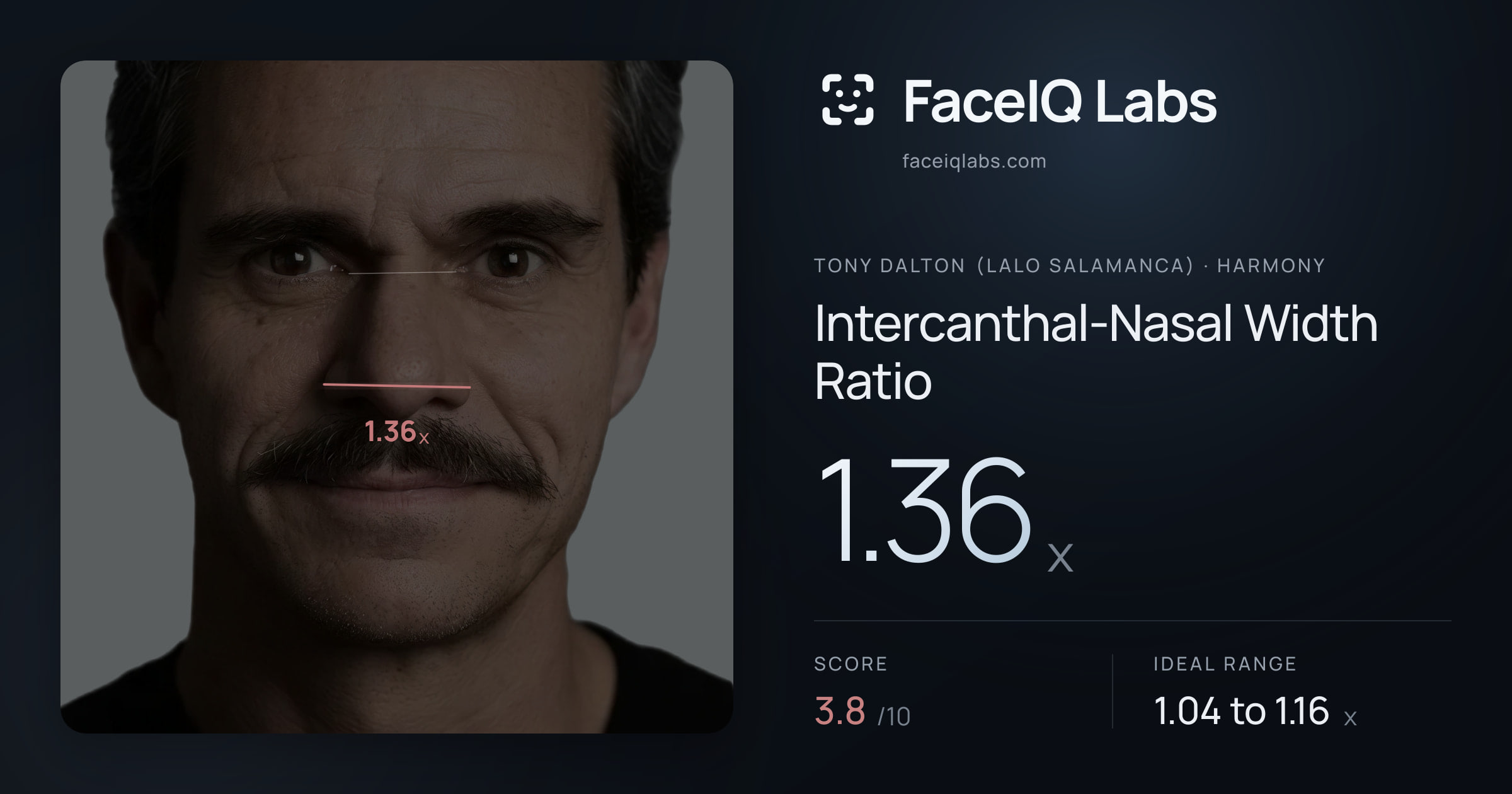 Tony Dalton (Lalo Salamanca) Intercanthal-Nasal Width Ratio: 1.36x, drawn on the photo