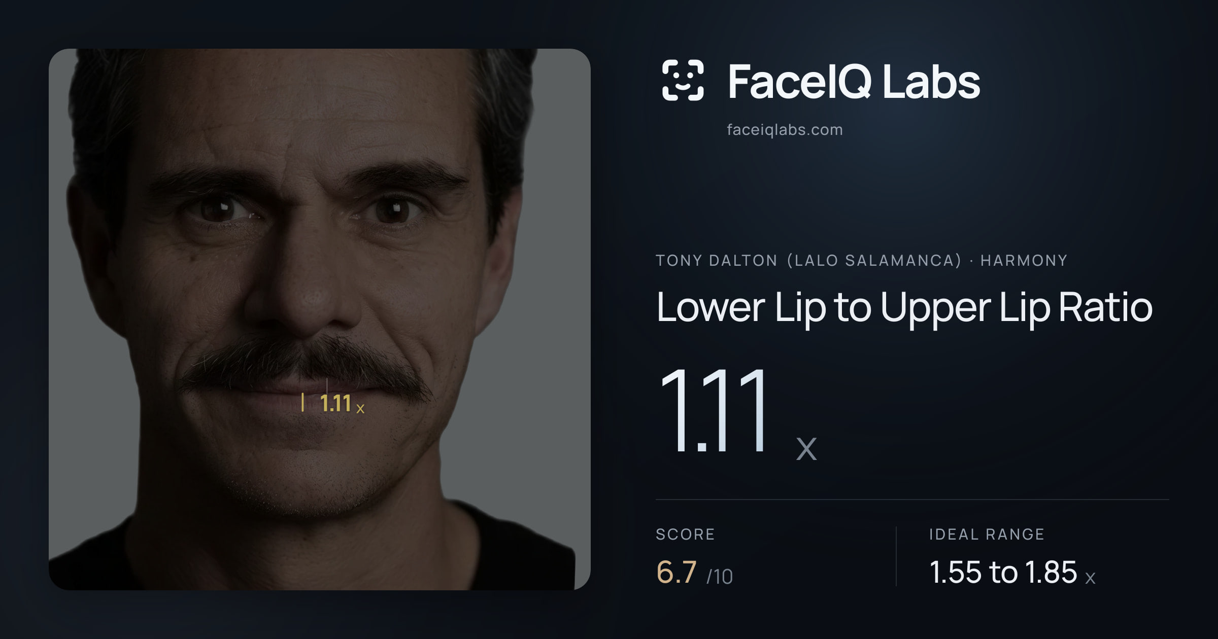 Tony Dalton (Lalo Salamanca) Lower Lip to Upper Lip Ratio: 1.11x, drawn on the photo