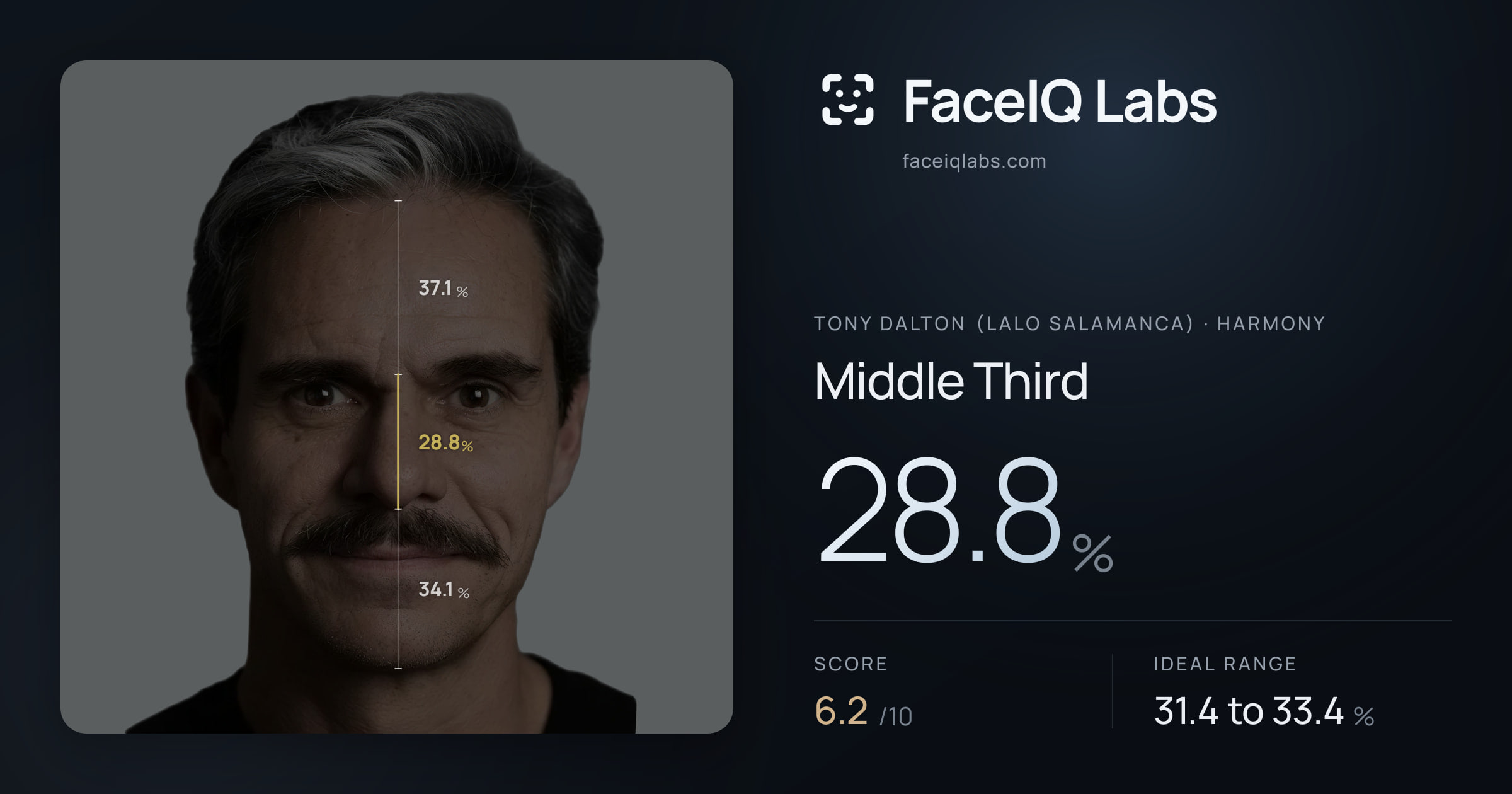 Tony Dalton (Lalo Salamanca) Middle Third: 28.8%, drawn on the photo