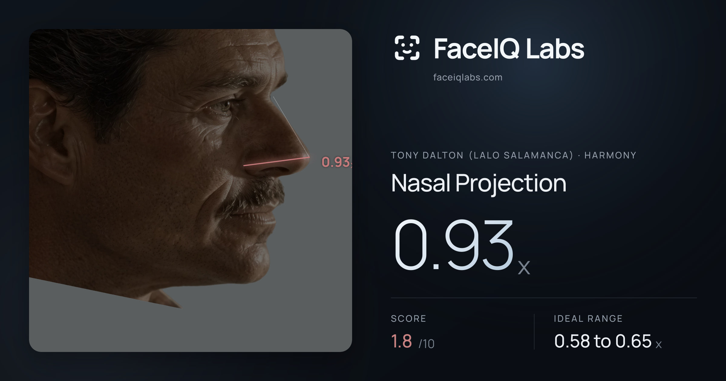 Tony Dalton (Lalo Salamanca) Nasal Projection: 0.93x, drawn on the photo