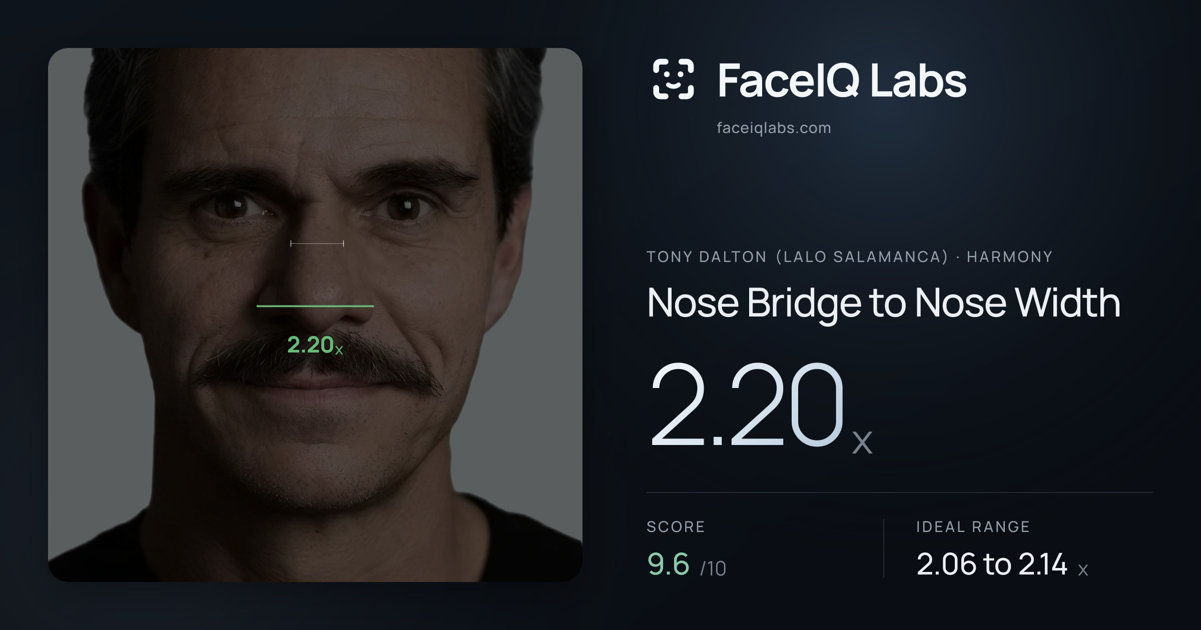Tony Dalton (Lalo Salamanca) Nose Bridge to Nose Width: 2.20x, drawn on the photo
