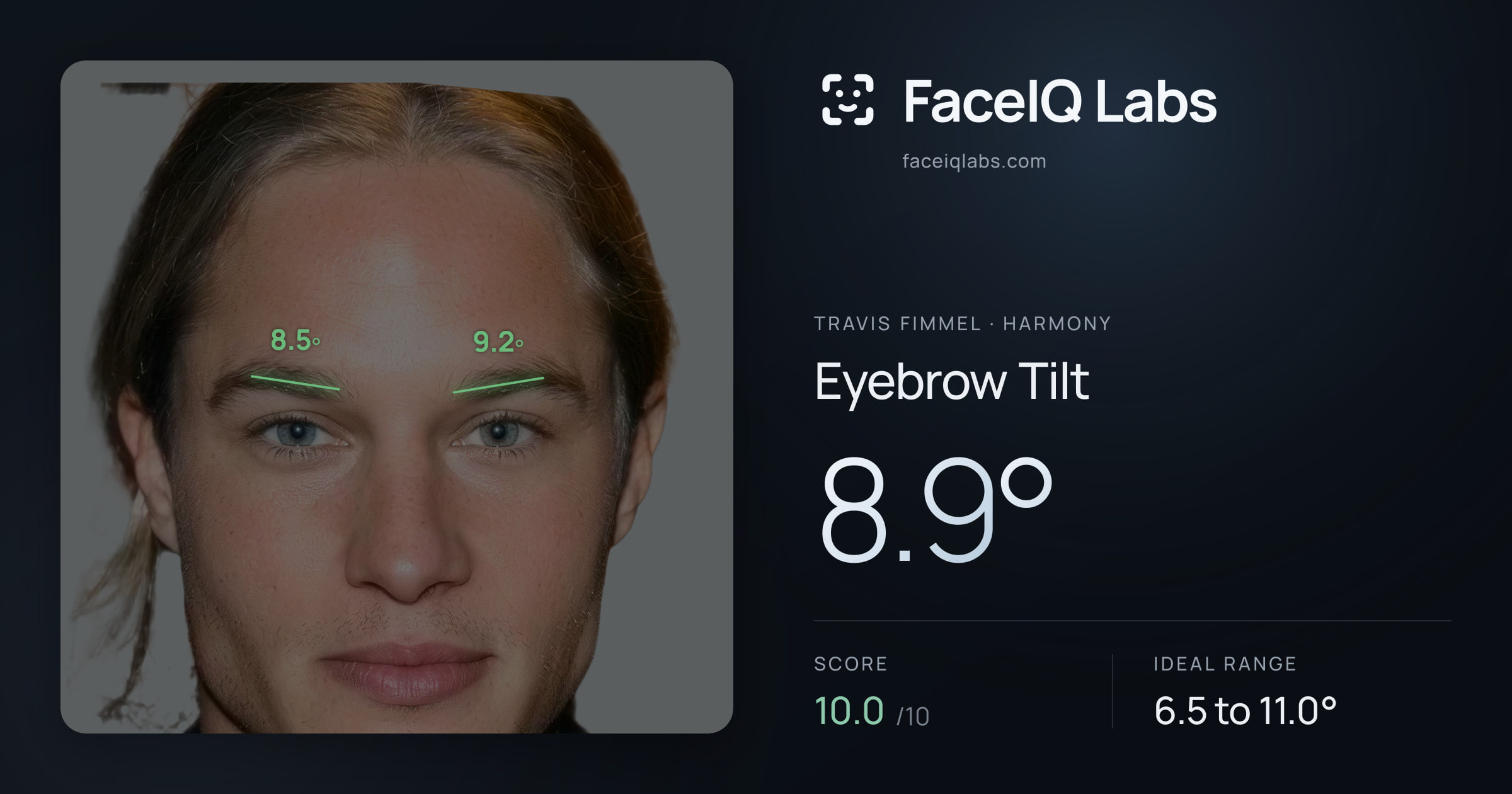 Travis Fimmel Eyebrow Tilt: 8.9°, drawn on the photo