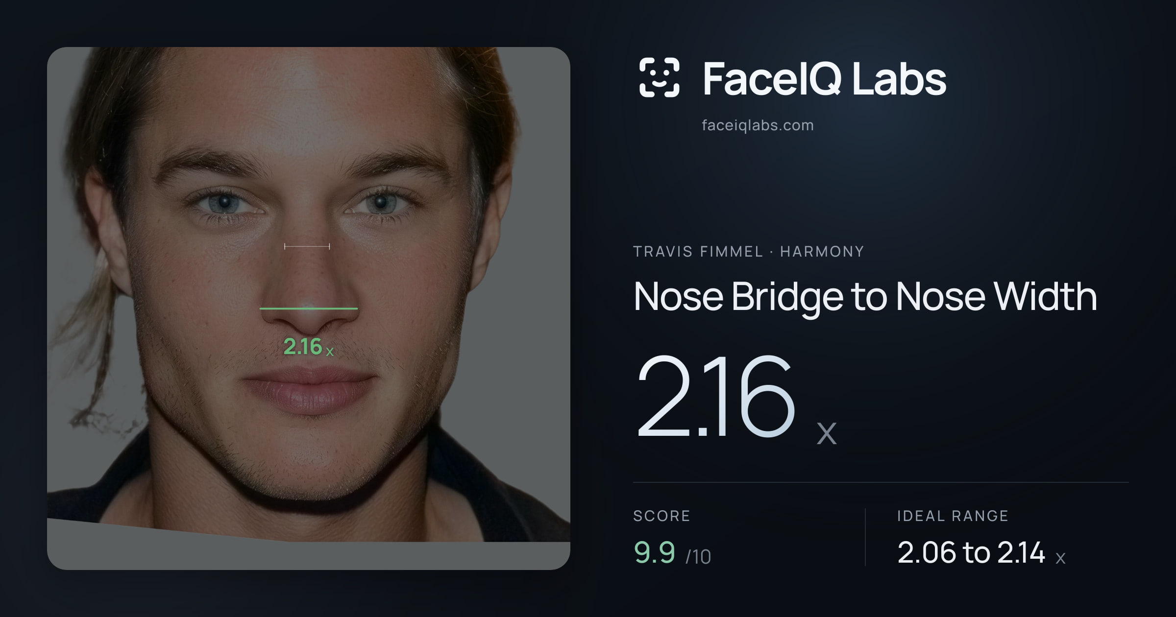 Travis Fimmel Nose Bridge to Nose Width: 2.16x, drawn on the photo