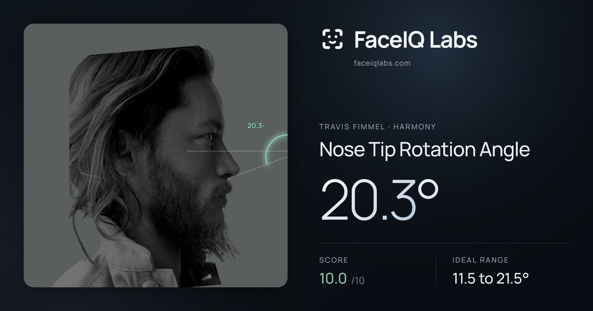 Travis Fimmel Nose Tip Rotation Angle: 20.3°, drawn on the photo