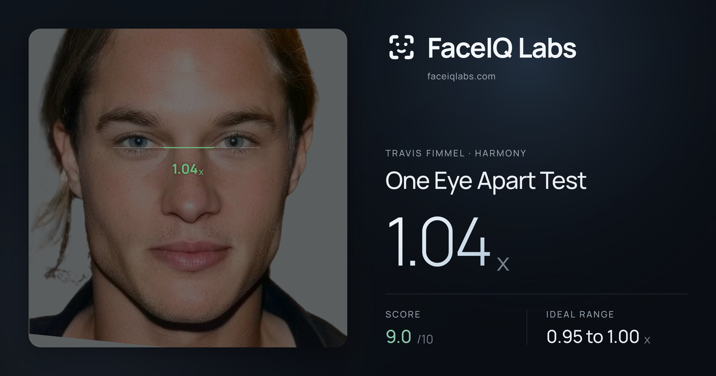 Travis Fimmel One Eye Apart Test: 1.04x, drawn on the photo