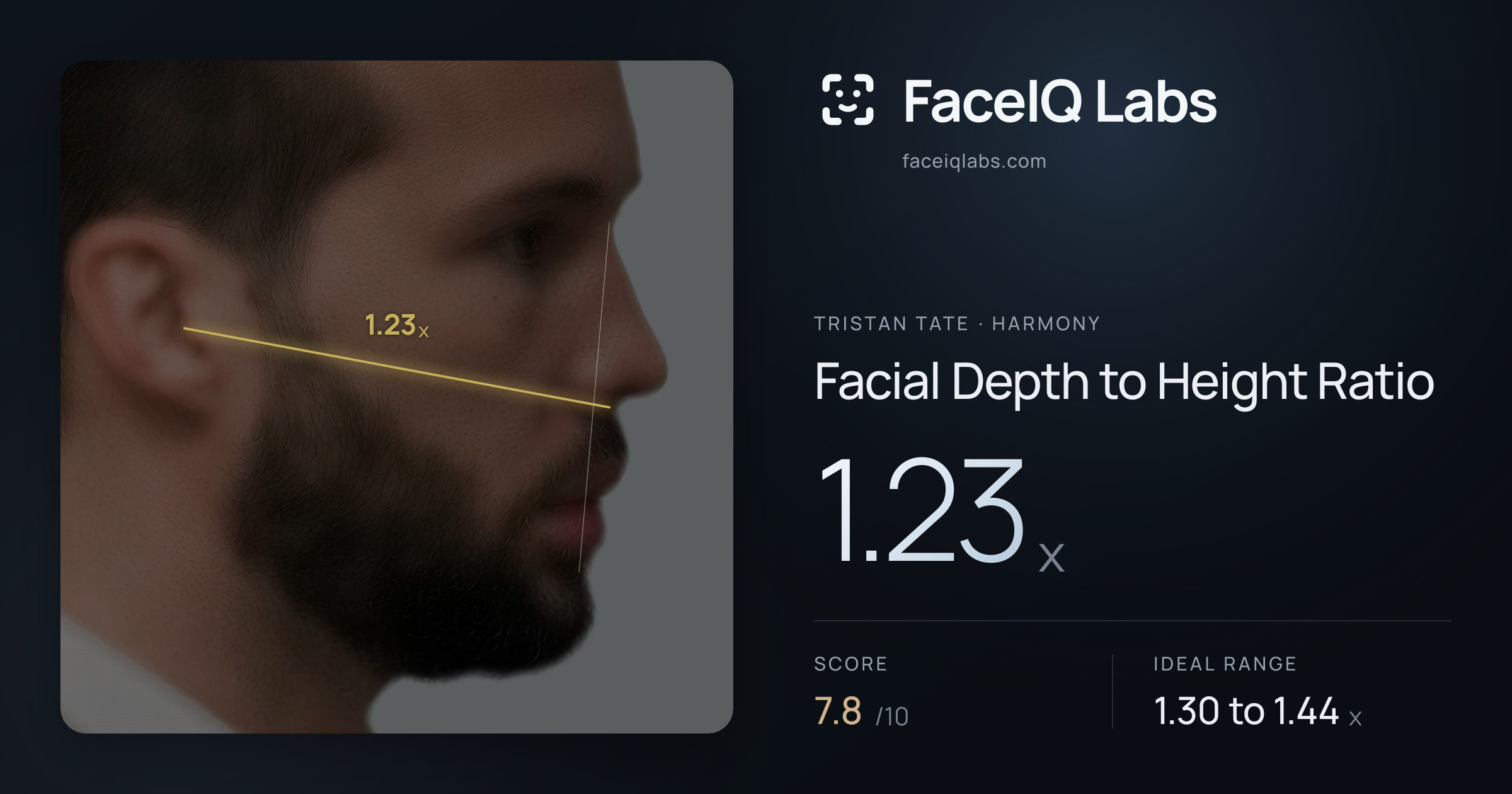 Tristan Tate Facial Depth to Height Ratio: 1.23x, drawn on the photo