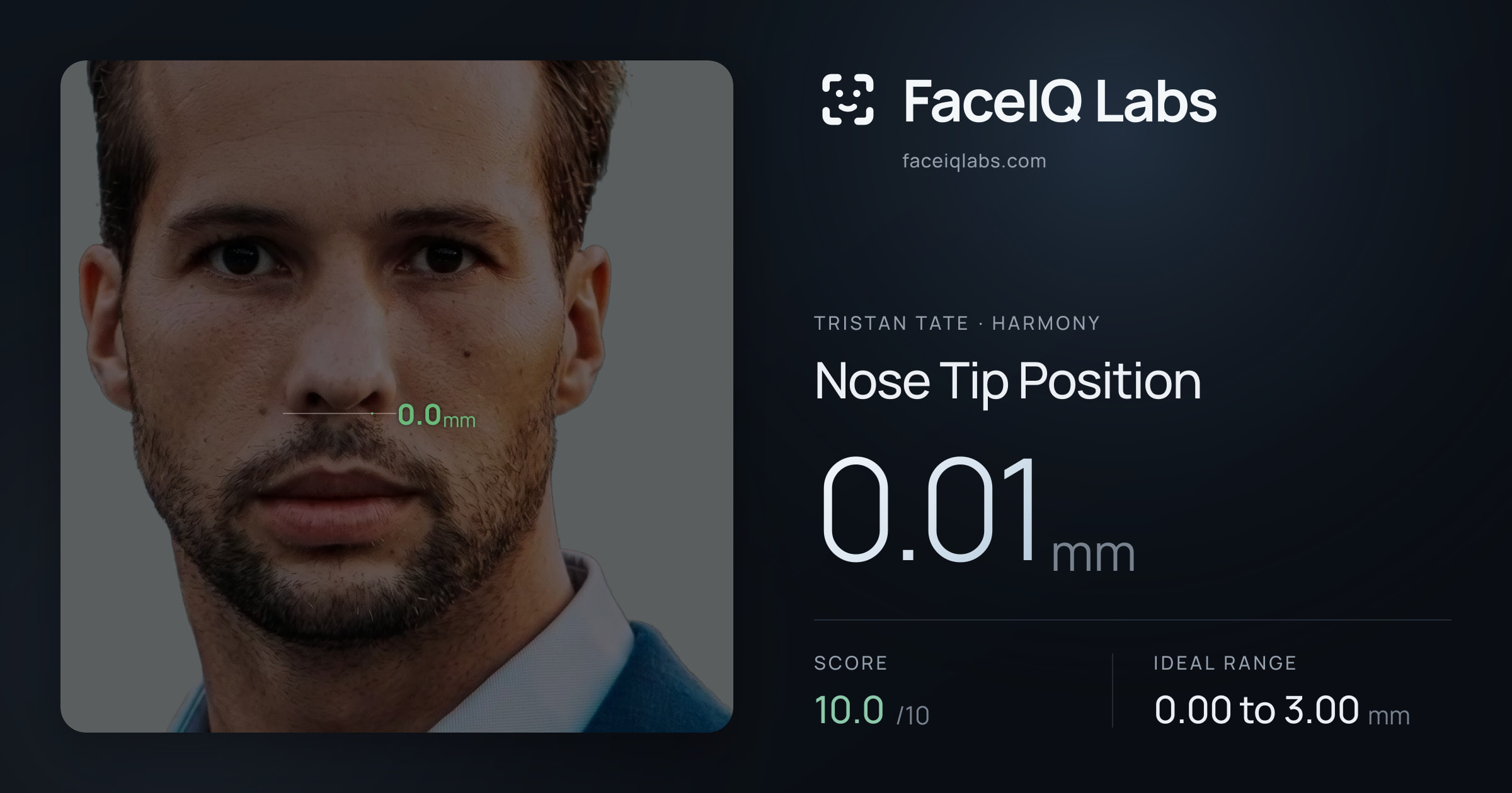 Tristan Tate Nose Tip Position: 0.01mm, drawn on the photo