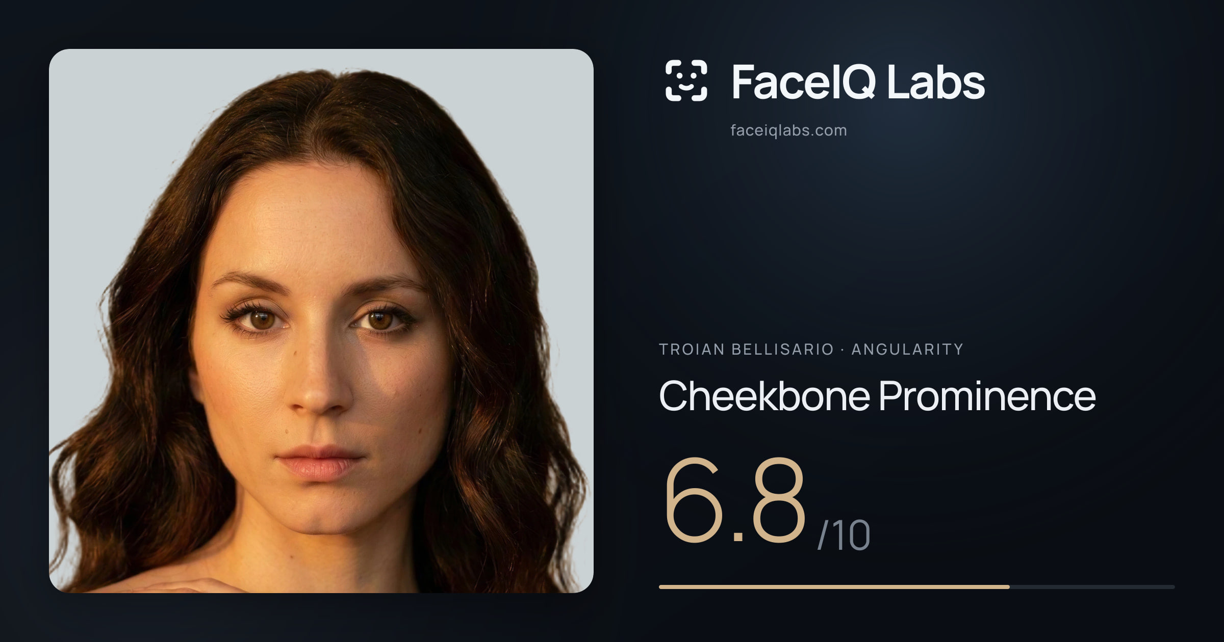 Troian Bellisario Cheekbone Prominence: 6.8/10, drawn on the photo
