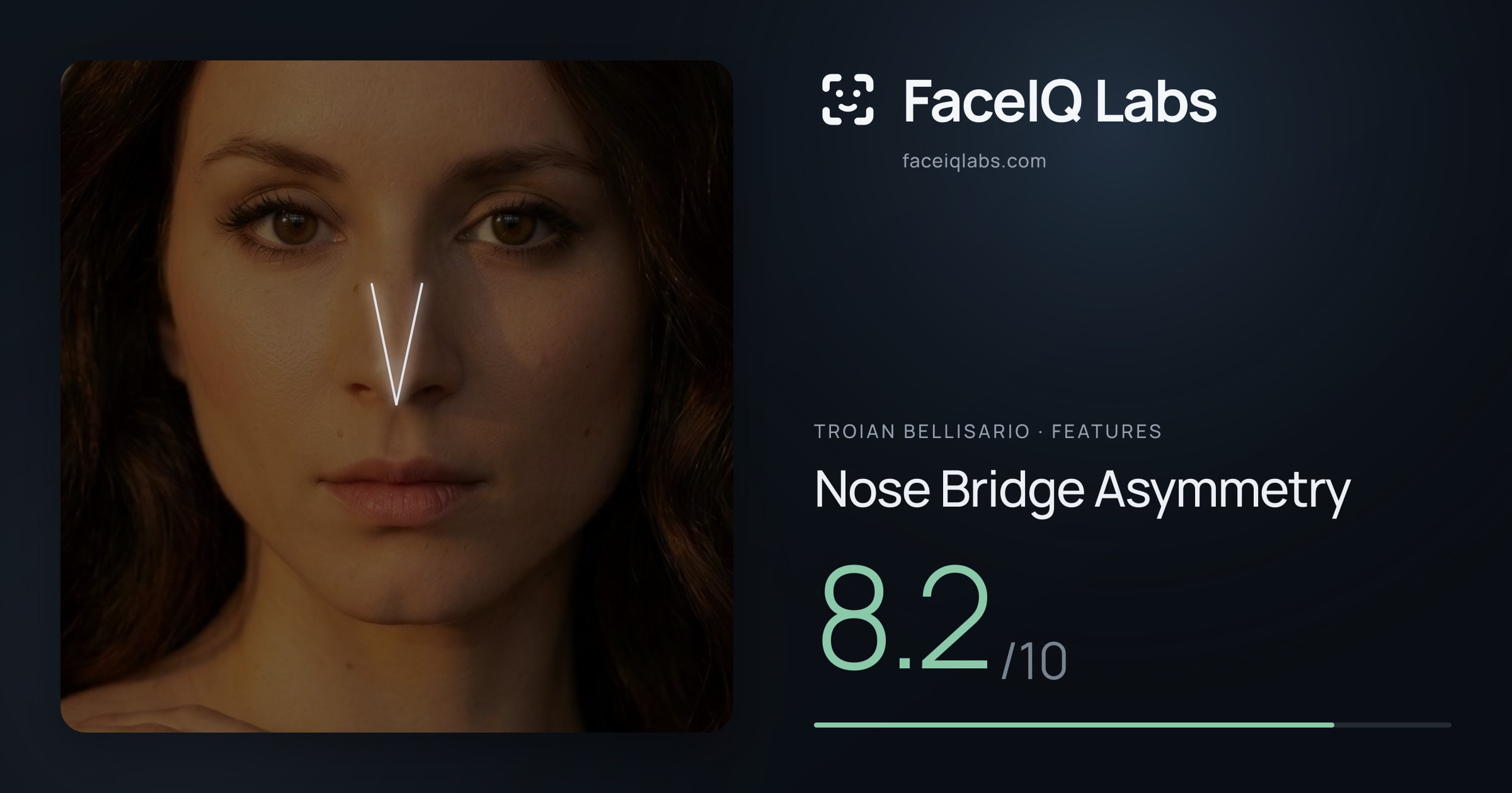 Troian Bellisario Nose Bridge Asymmetry: 8.2/10, drawn on the photo