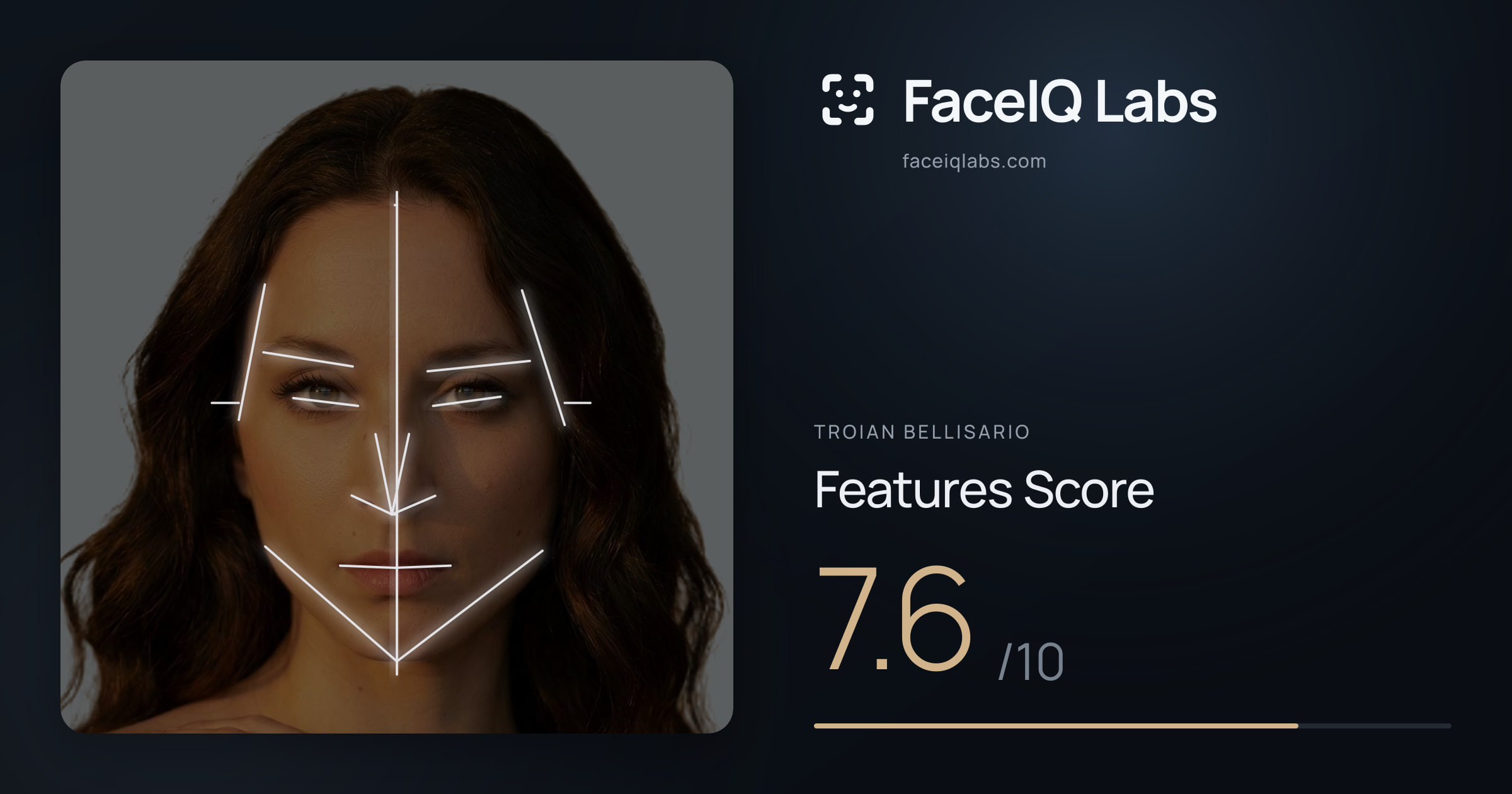 Troian Bellisario Features: 7.6/10, with each assessment drawn on the photo
