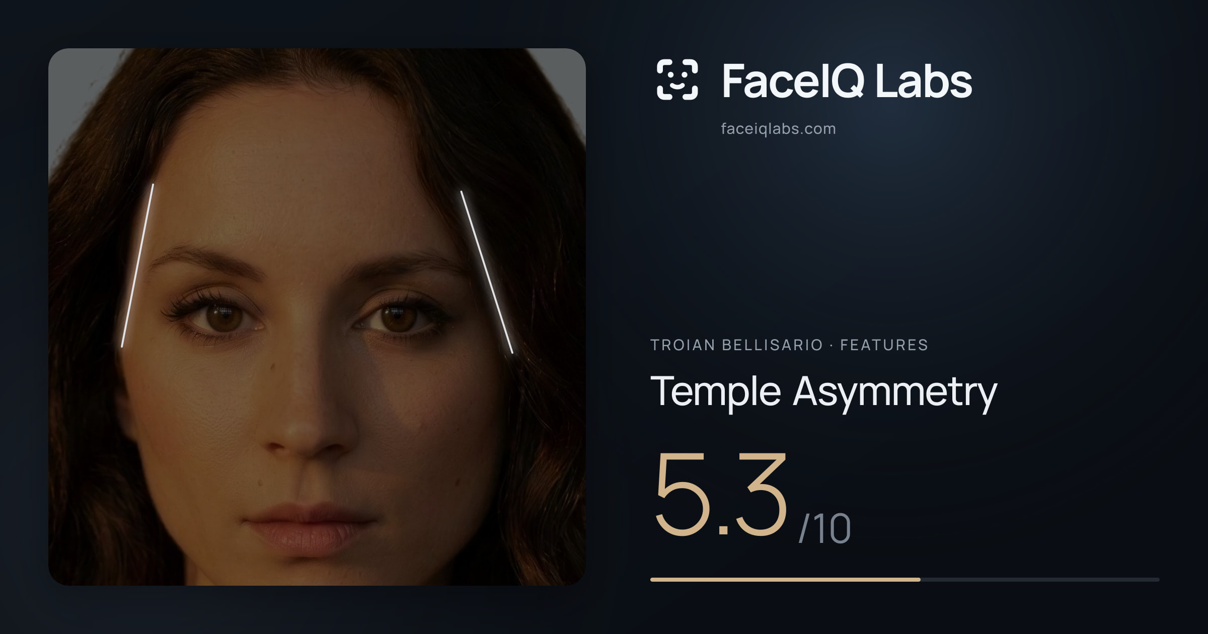 Troian Bellisario Temple Asymmetry: 5.3/10, drawn on the photo