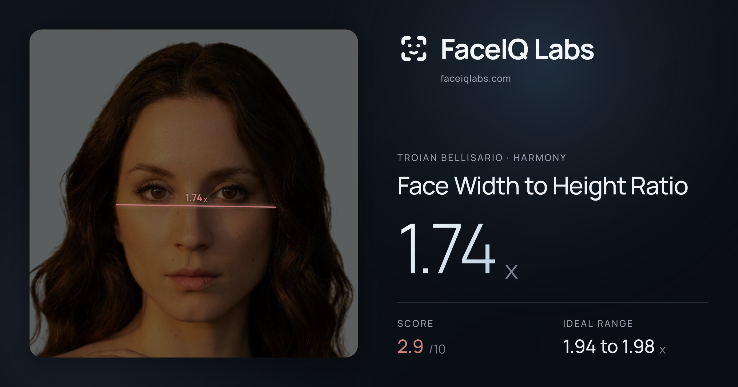 Troian Bellisario Face Width to Height Ratio: 1.74x, drawn on the photo