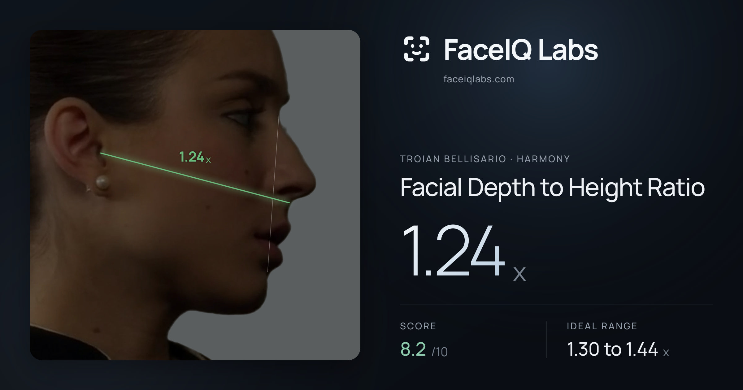 Troian Bellisario Facial Depth to Height Ratio: 1.24x, drawn on the photo