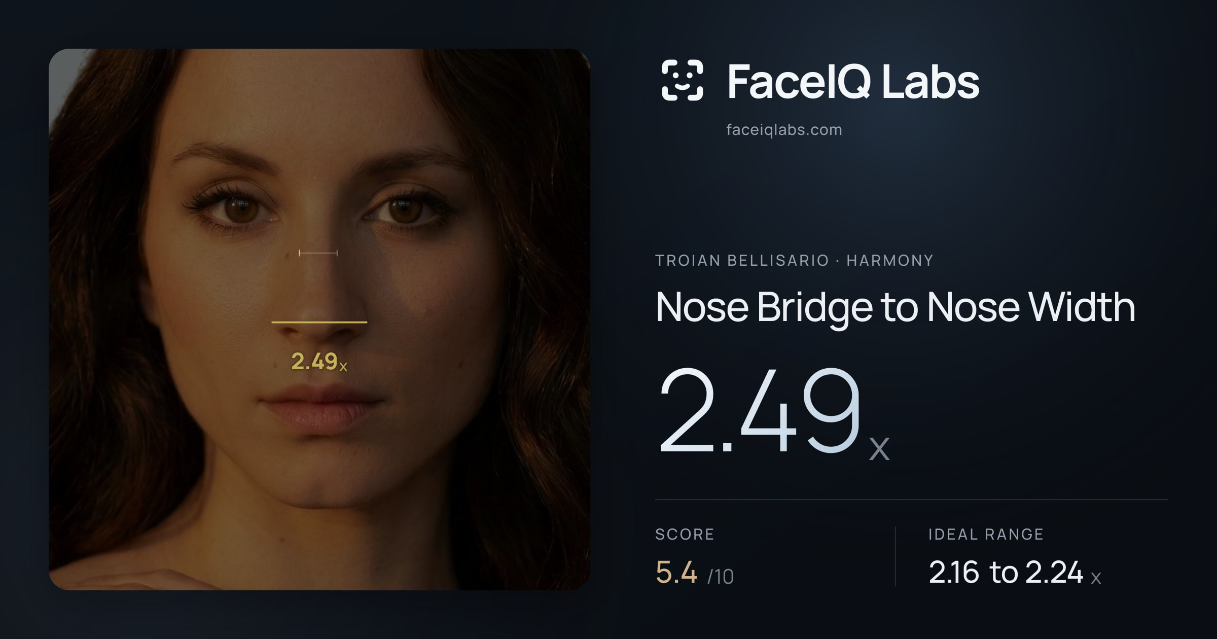 Troian Bellisario Nose Bridge to Nose Width: 2.49x, drawn on the photo