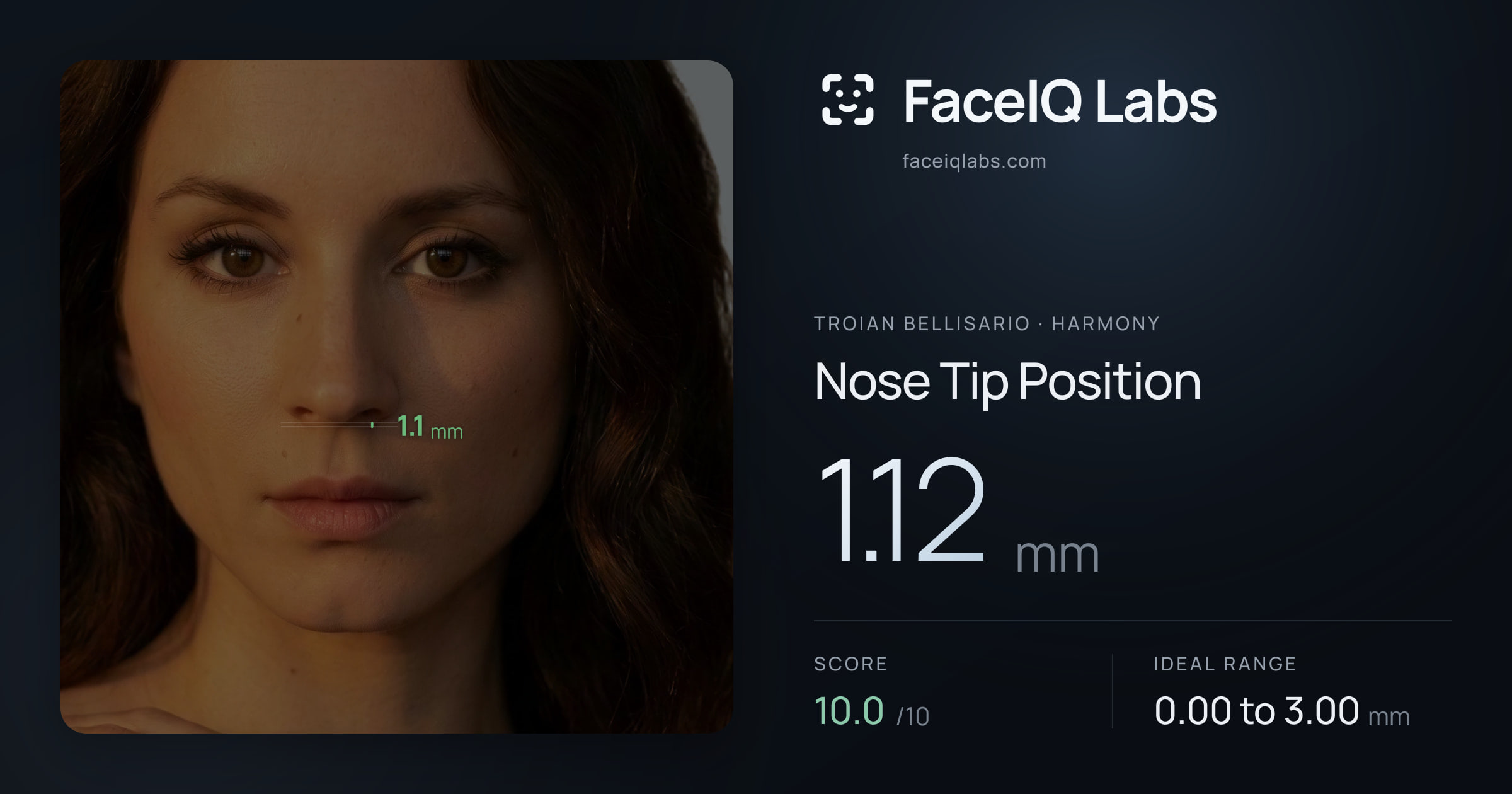 Troian Bellisario Nose Tip Position: 1.12mm, drawn on the photo