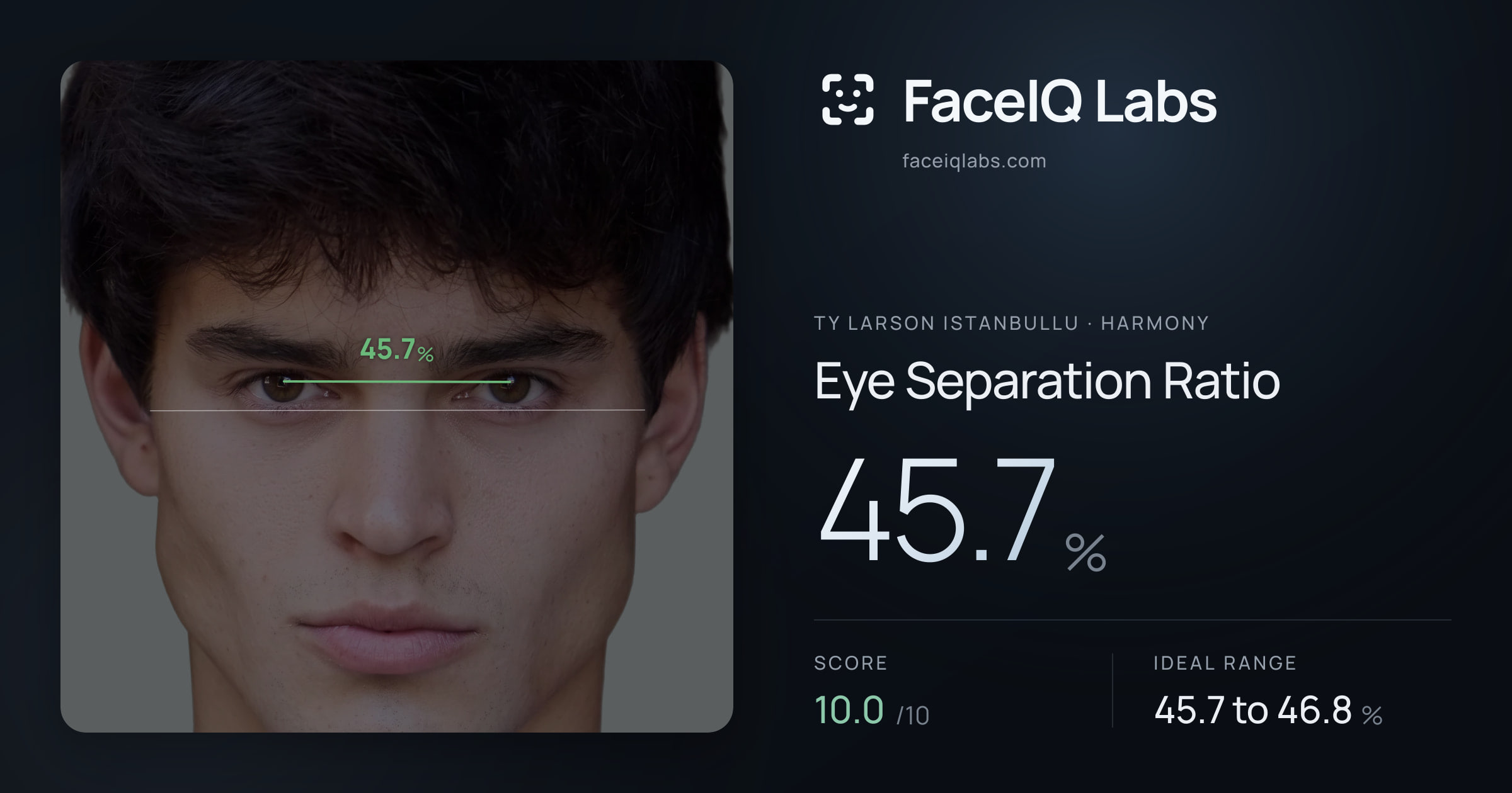 Ty Larson Istanbullu Eye Separation Ratio: 45.7%, drawn on the photo