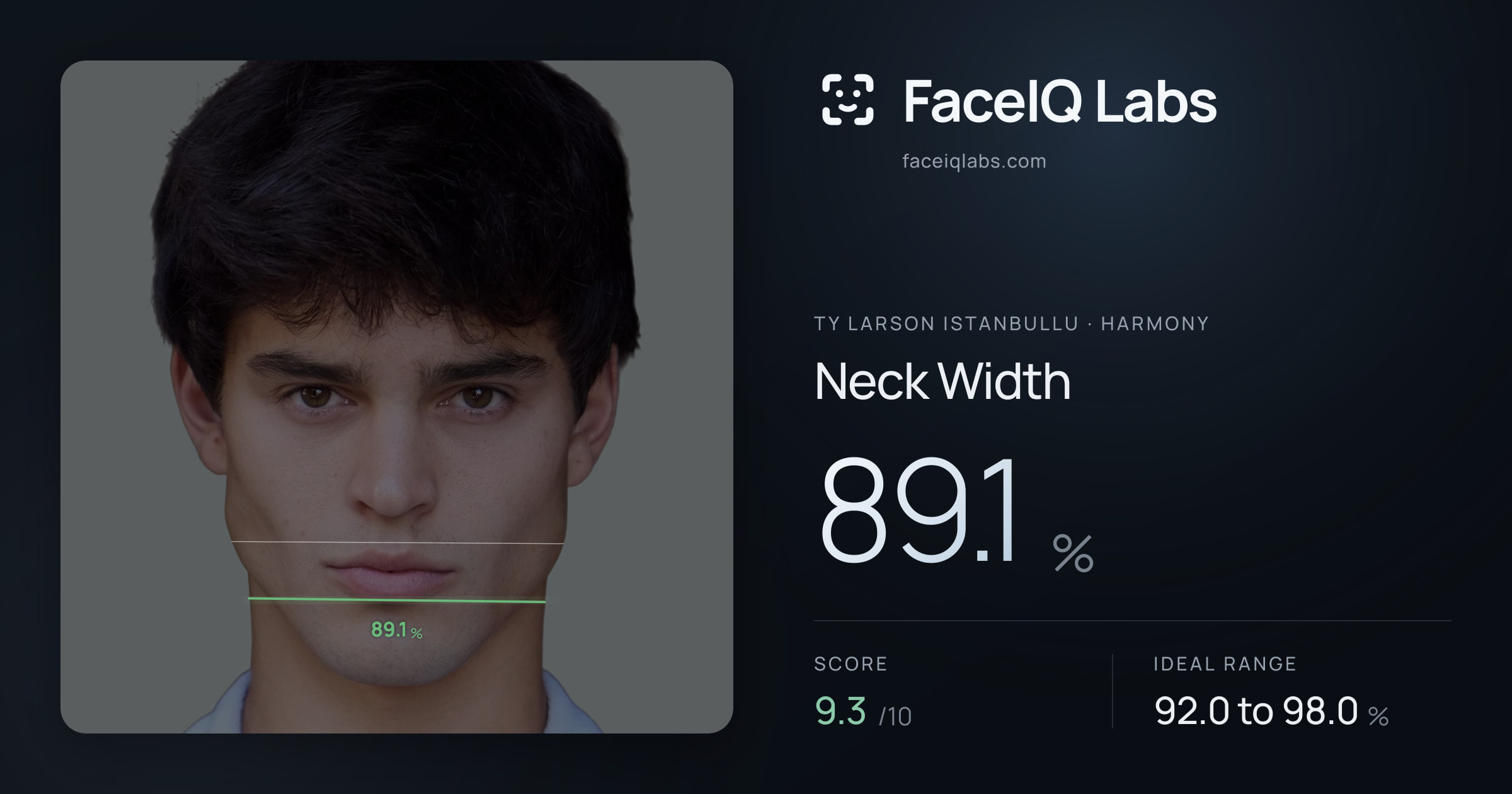 Ty Larson Istanbullu Neck Width: 89.1%, drawn on the photo