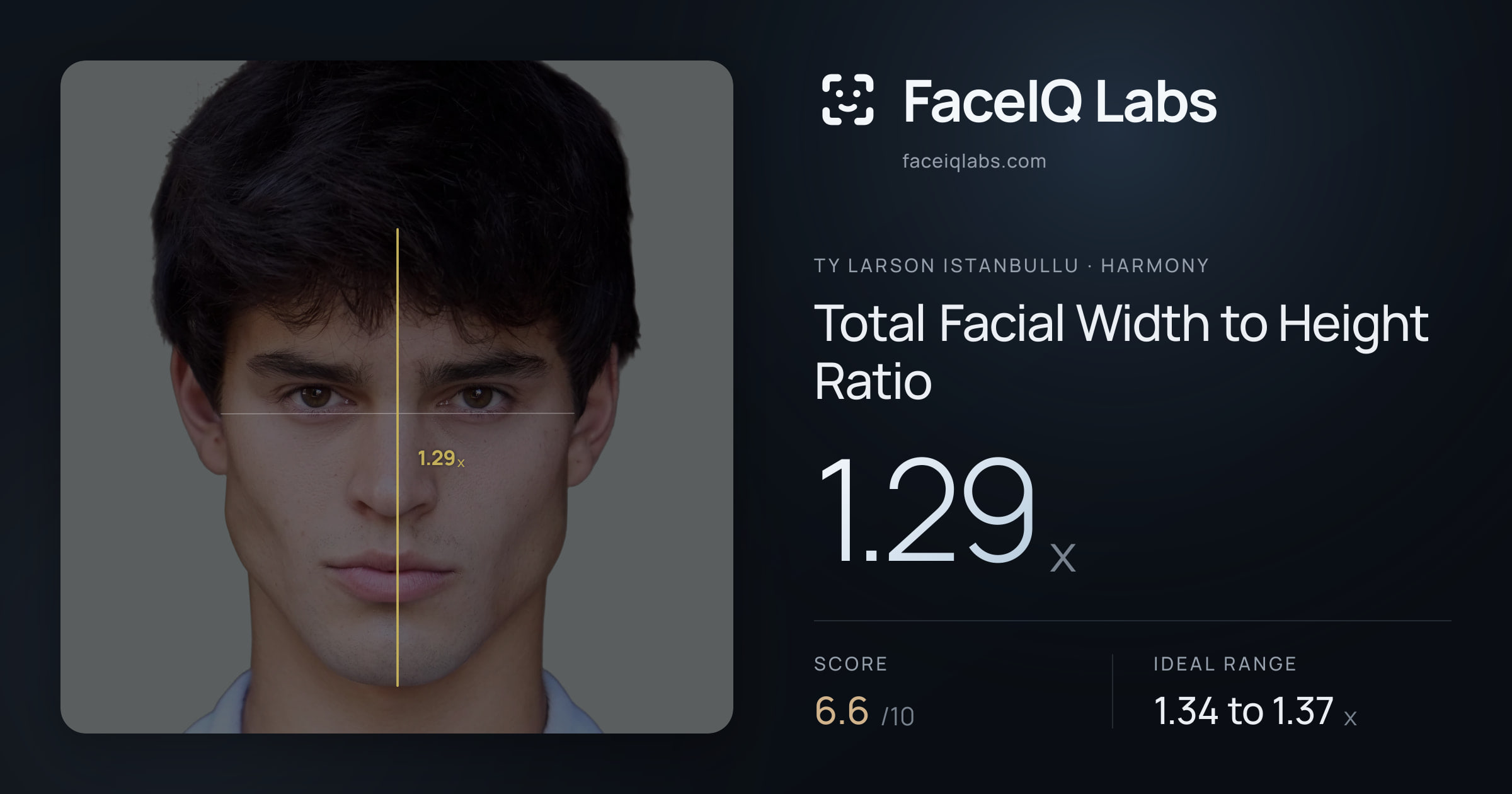 Ty Larson Istanbullu Total Facial Width to Height Ratio: 1.29x, drawn on the photo