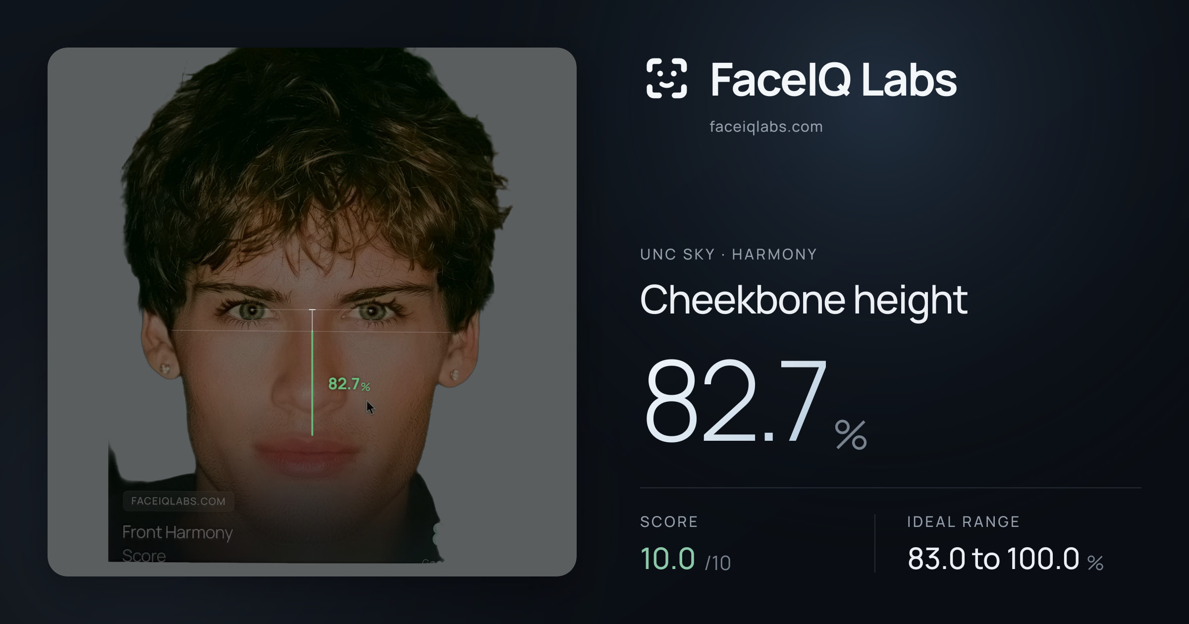 Unc Sky Cheekbone height: 82.7%, drawn on the photo