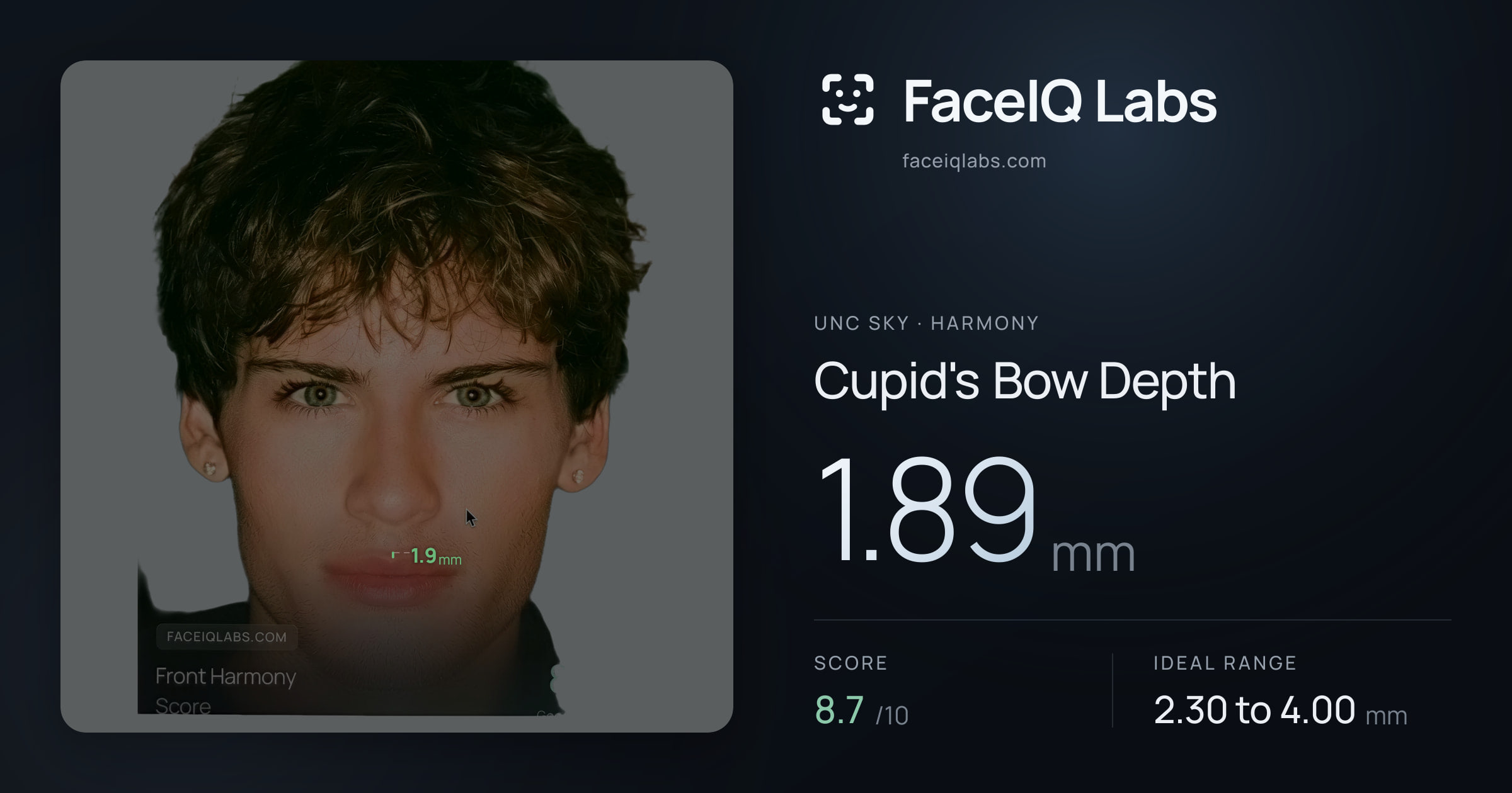 Unc Sky Cupid's Bow Depth: 1.89mm, drawn on the photo