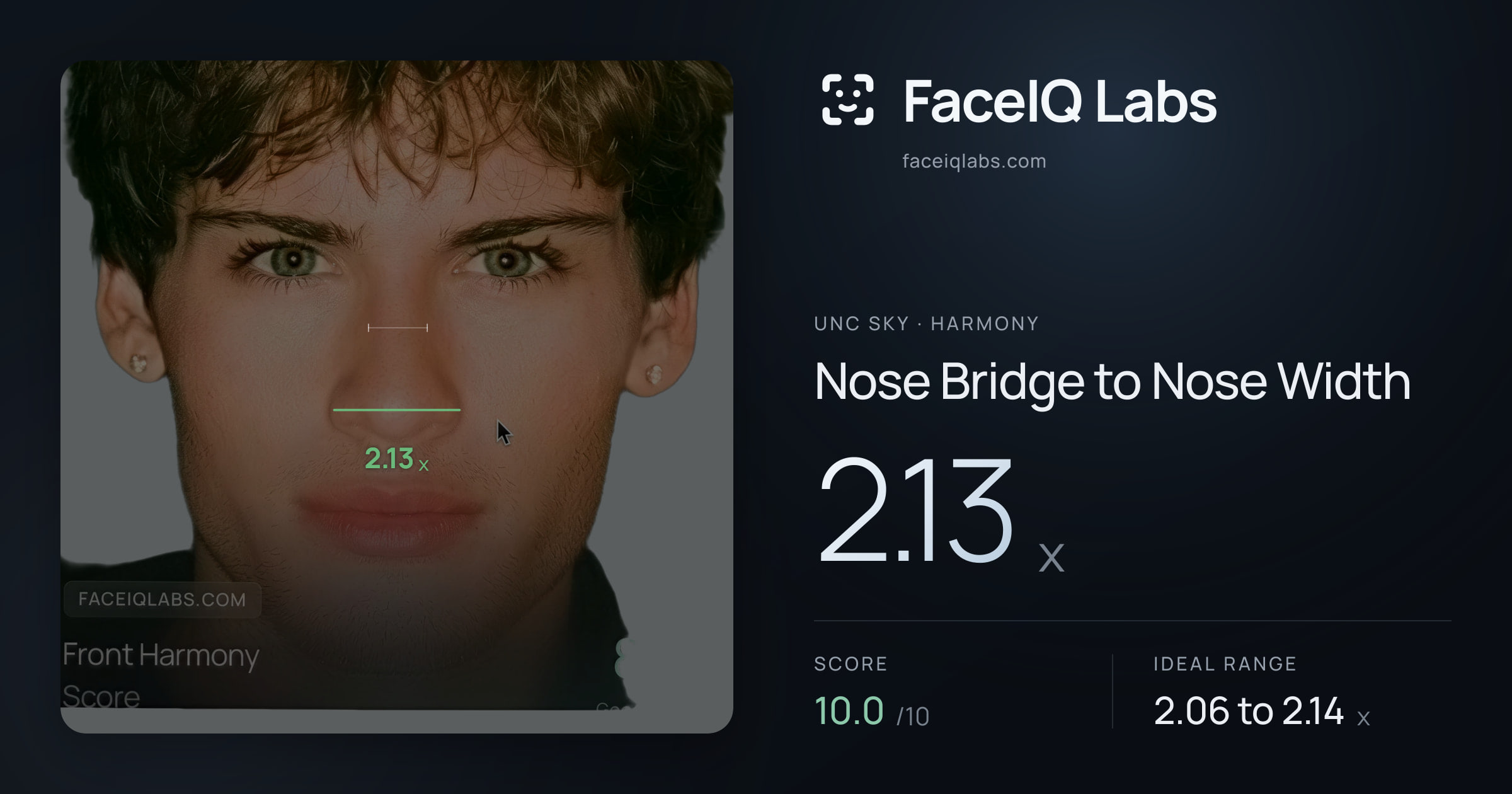 Unc Sky Nose Bridge to Nose Width: 2.13x, drawn on the photo