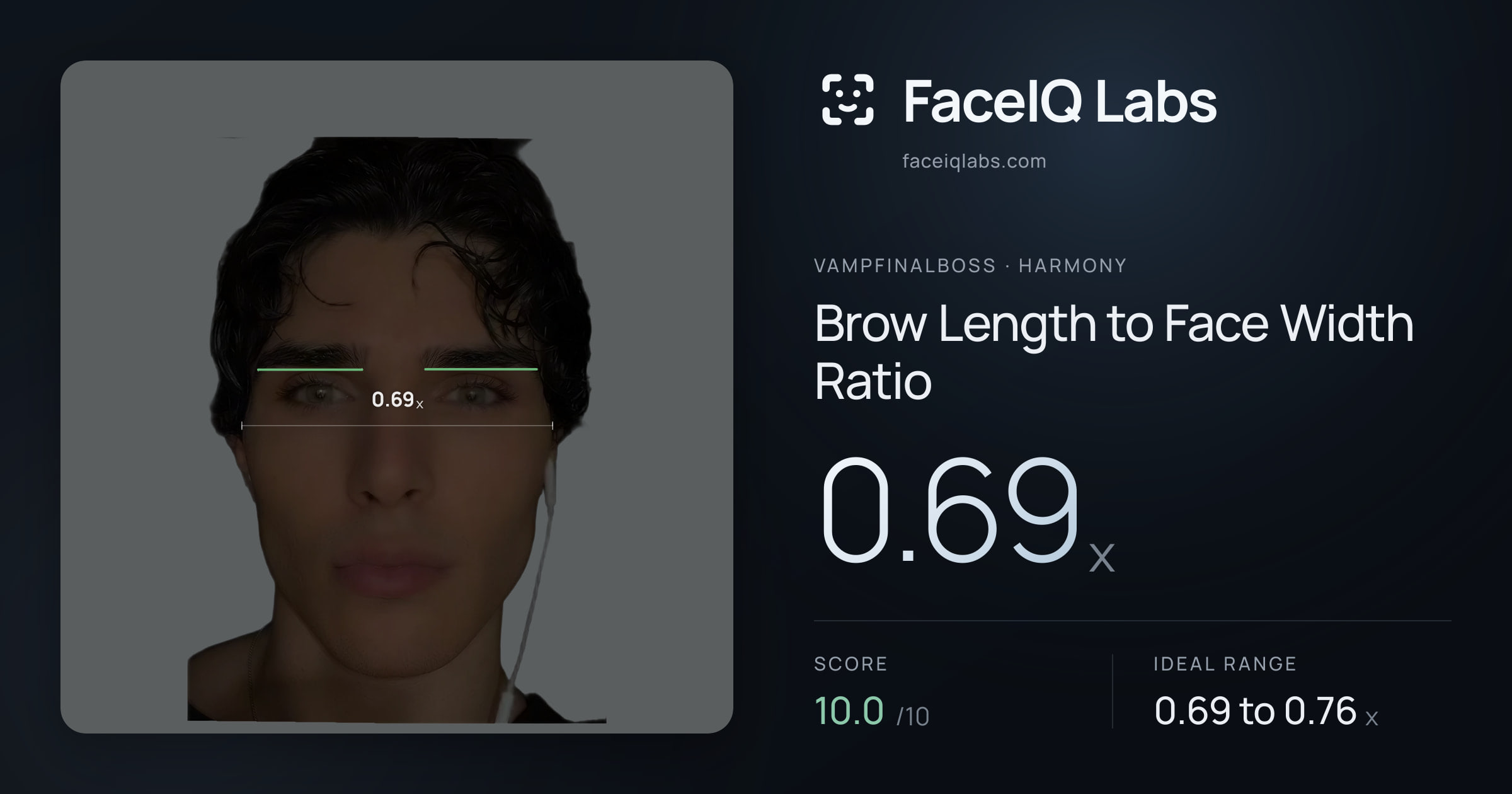 Vampfinalboss Brow Length to Face Width Ratio: 0.69x, drawn on the photo