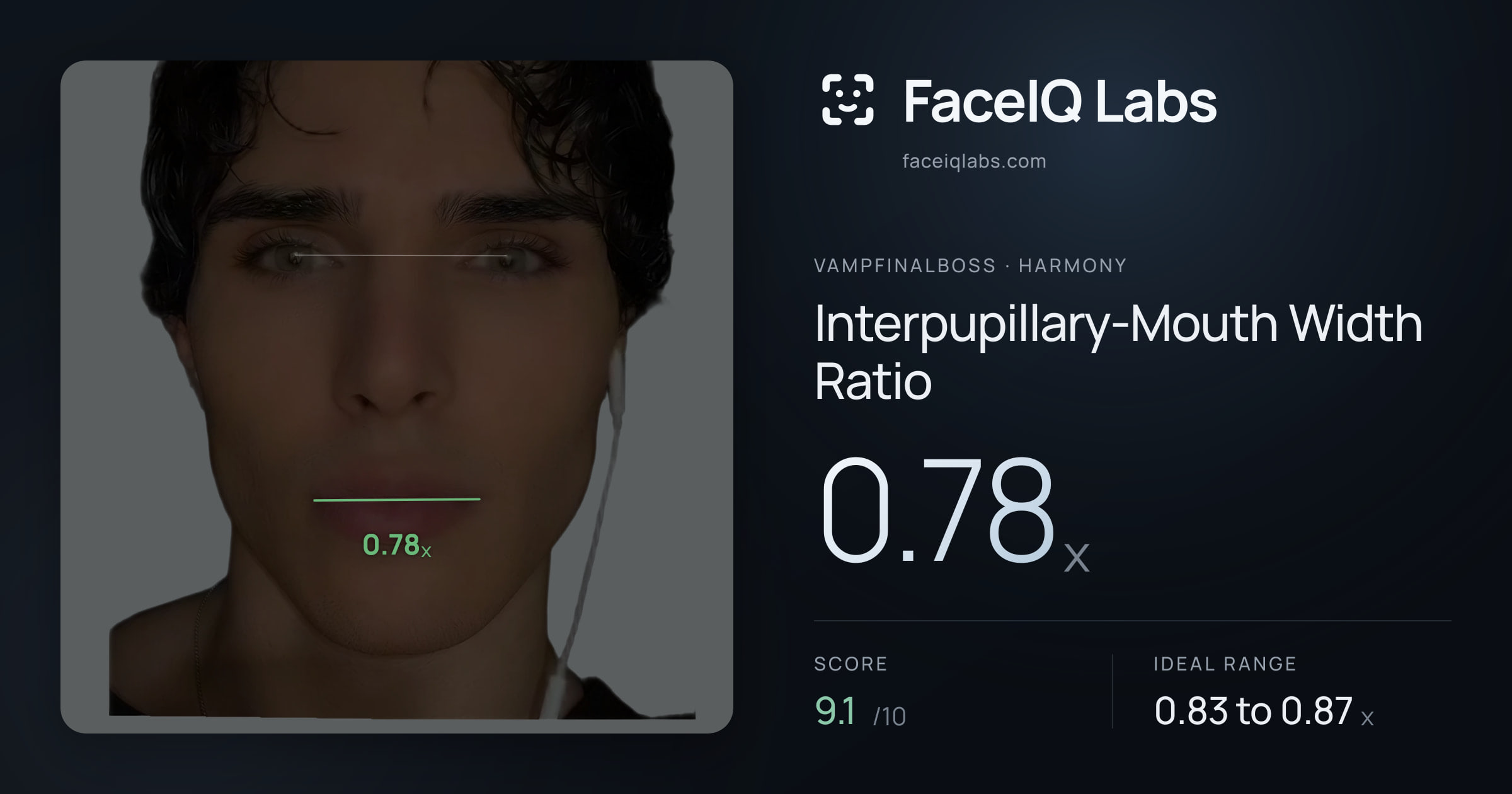Vampfinalboss Interpupillary-Mouth Width Ratio: 0.78x, drawn on the photo