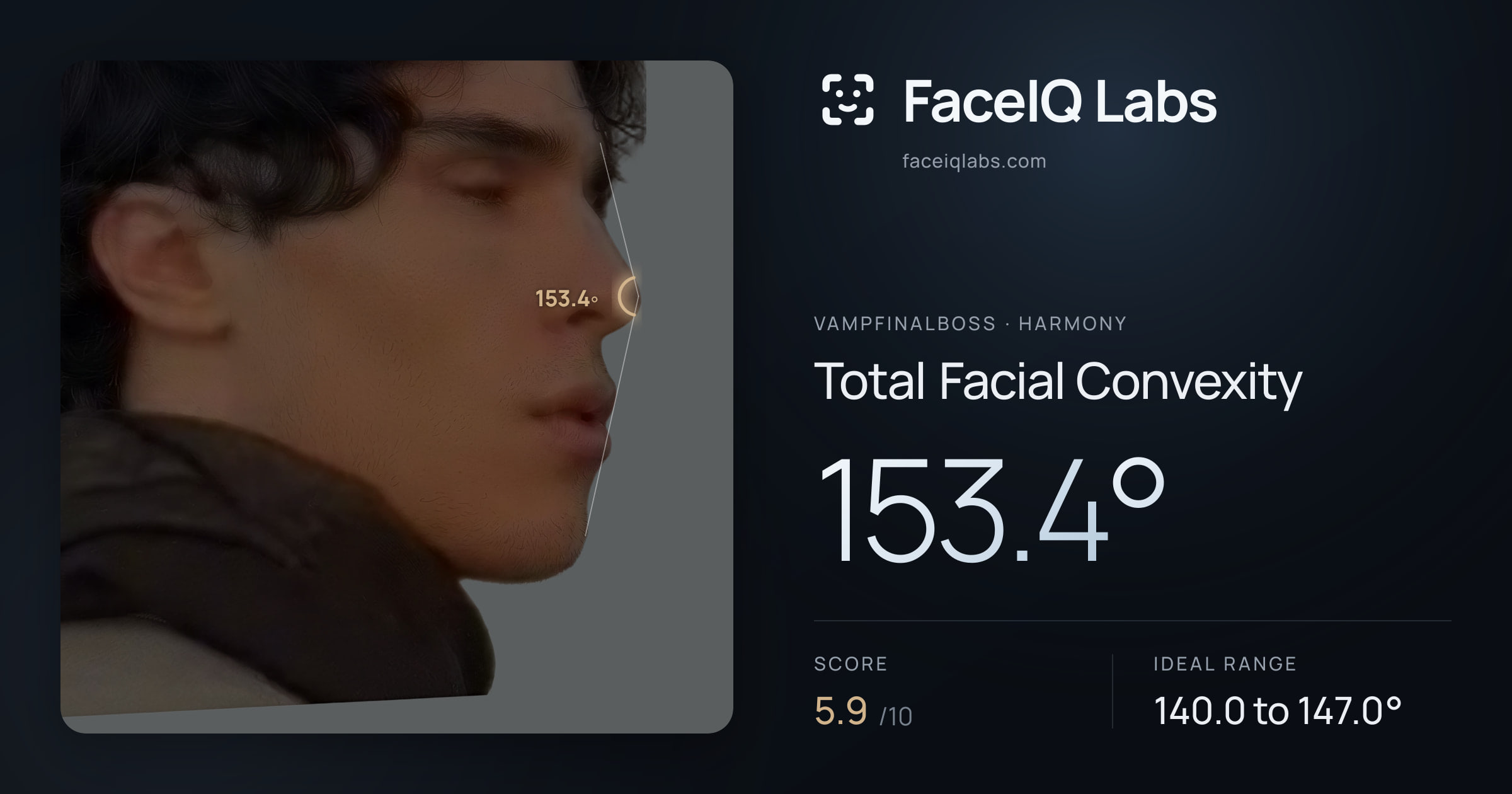 Vampfinalboss Total Facial Convexity: 153.4°, drawn on the photo