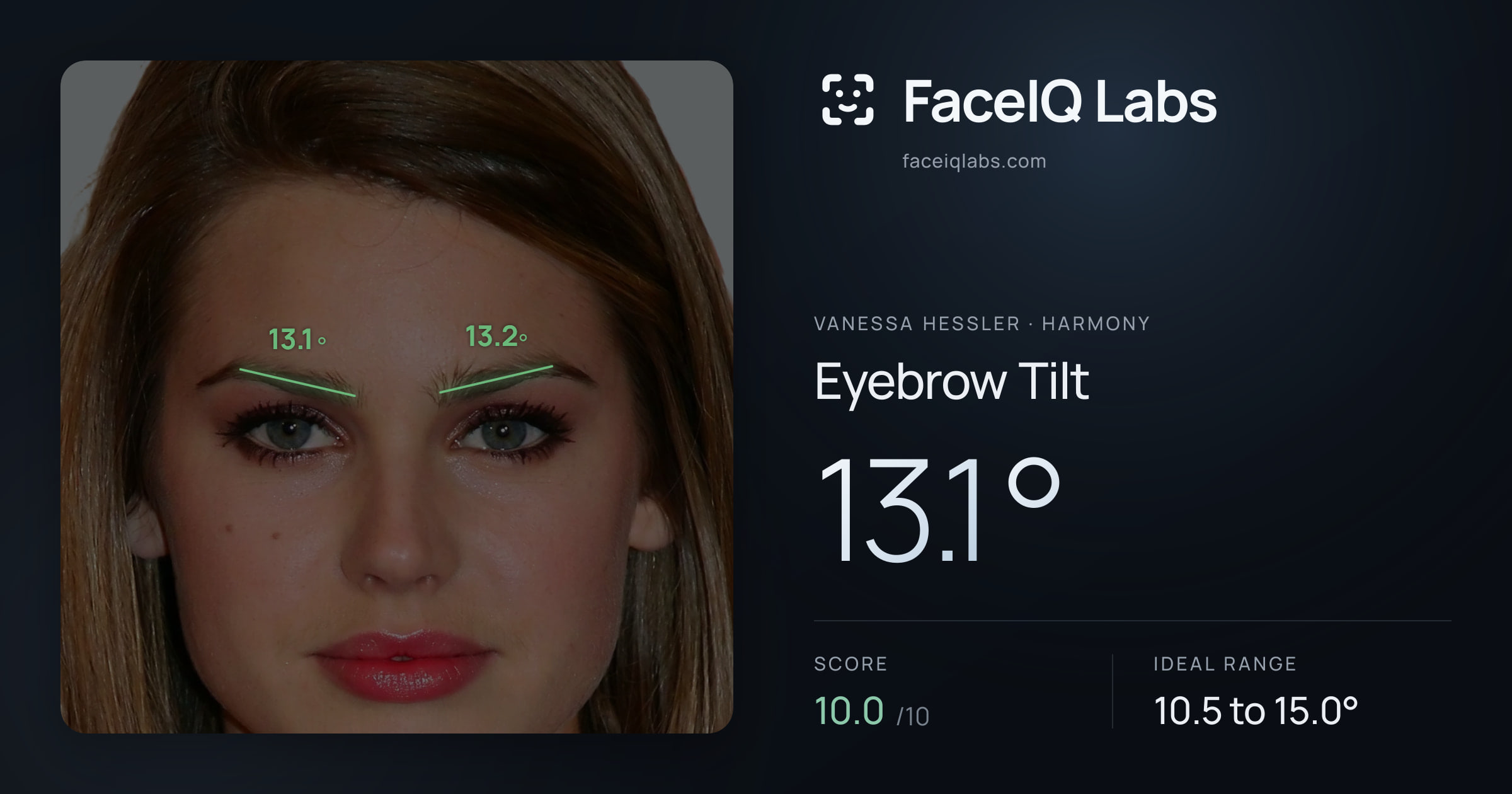 Vanessa Hessler Eyebrow Tilt: 13.1°, drawn on the photo