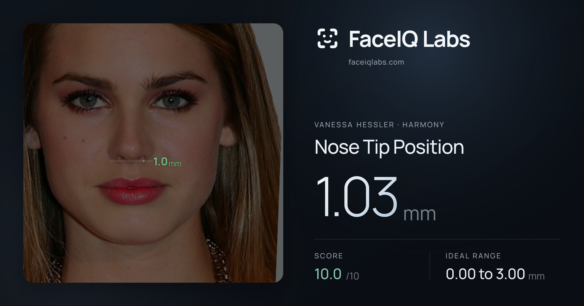 Vanessa Hessler Nose Tip Position: 1.03mm, drawn on the photo