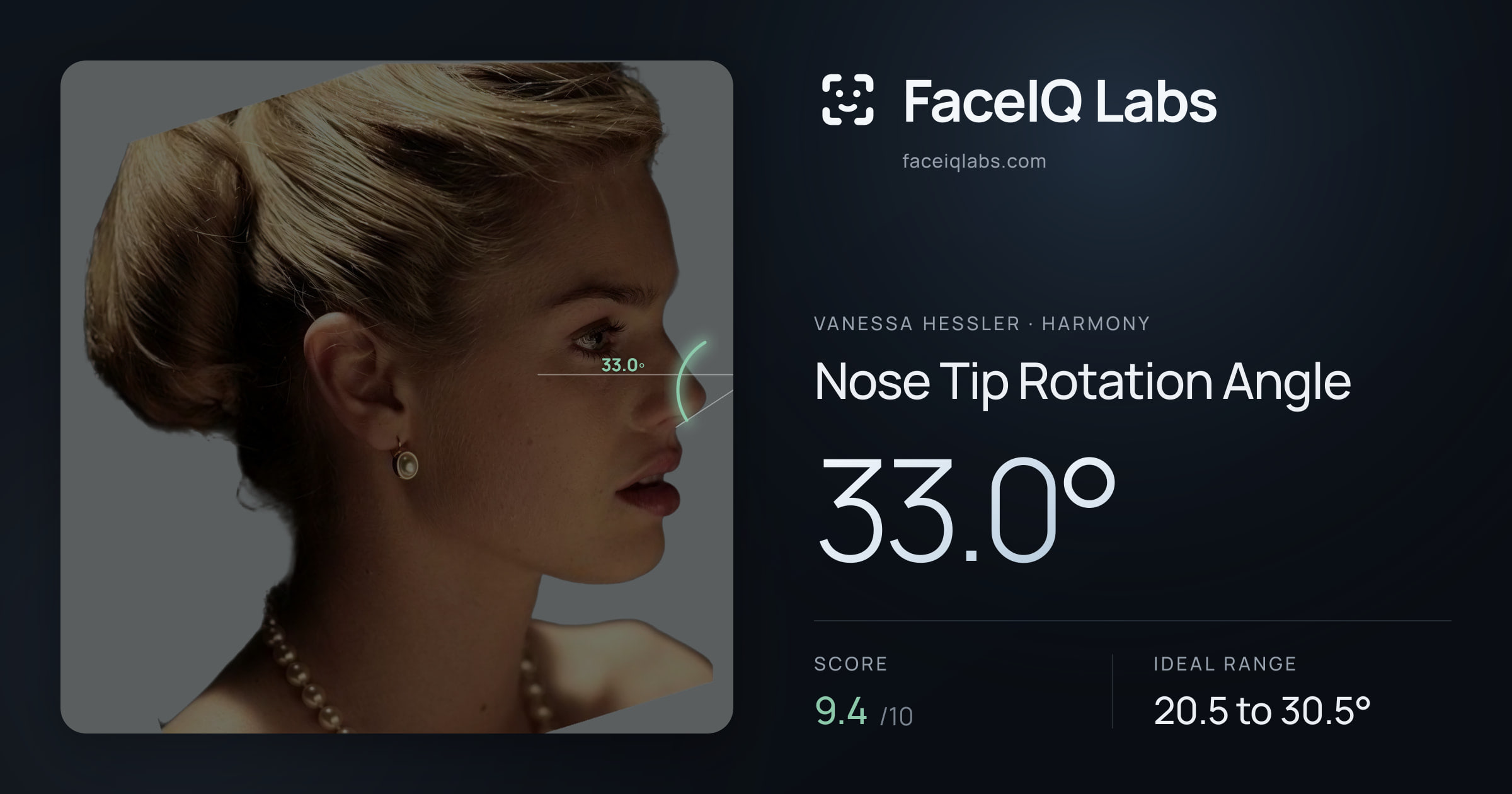 Vanessa Hessler Nose Tip Rotation Angle: 33.0°, drawn on the photo