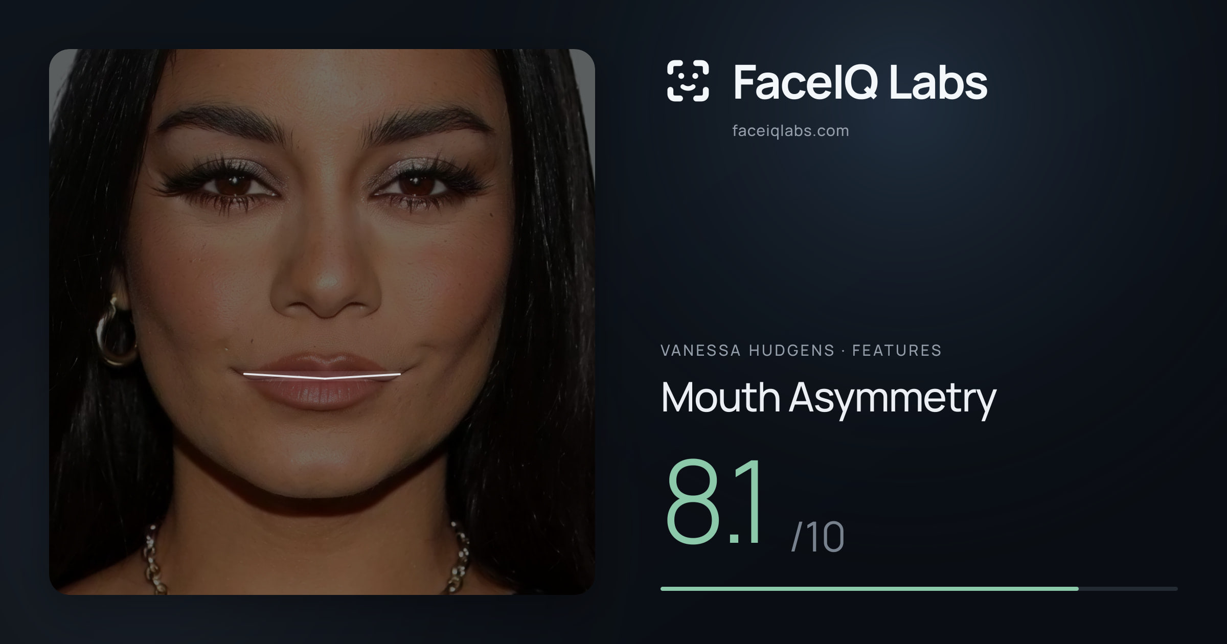 Vanessa Hudgens Mouth Asymmetry: 8.1/10, drawn on the photo
